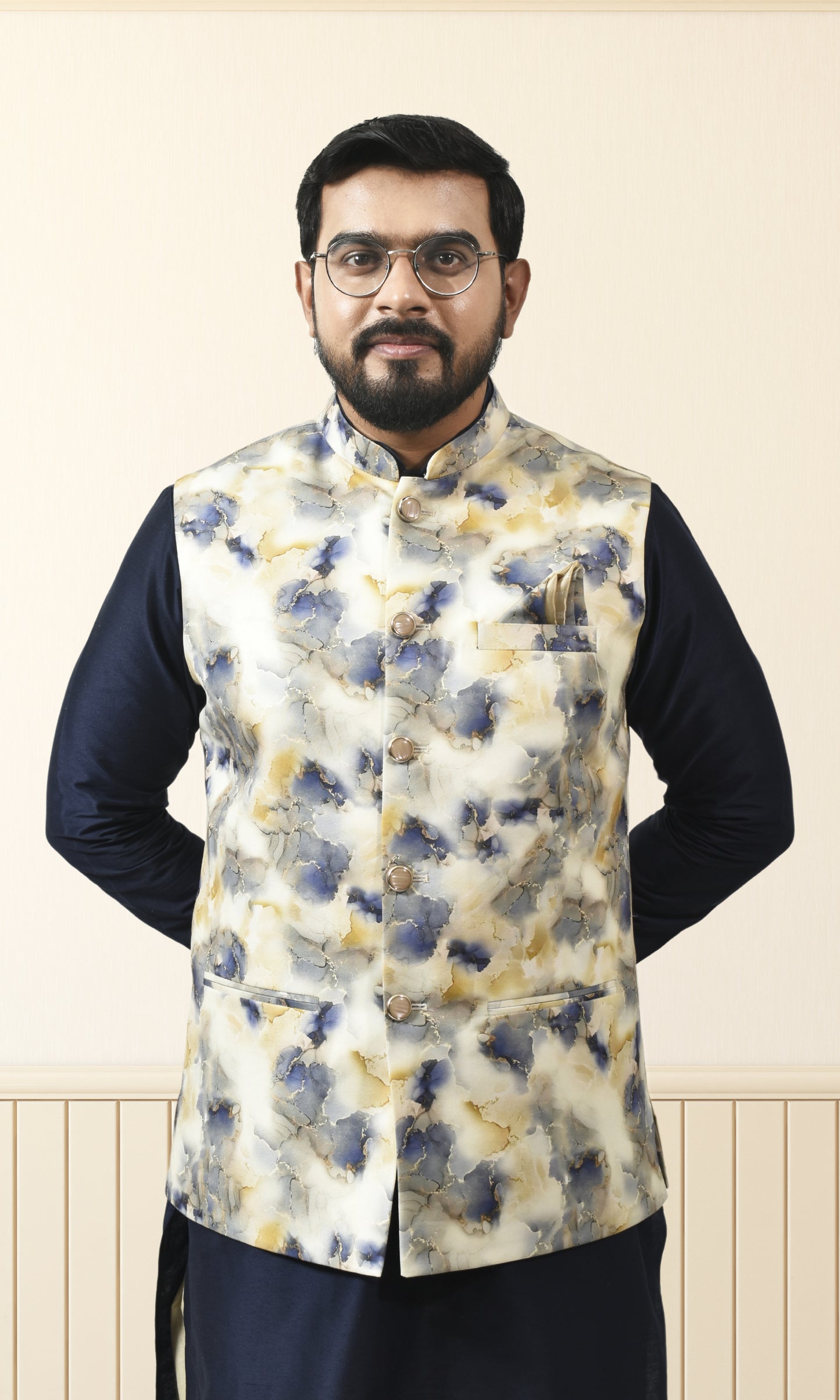 Celestial Ivory & Blue Marbled Jacket with Royal Gold Veins