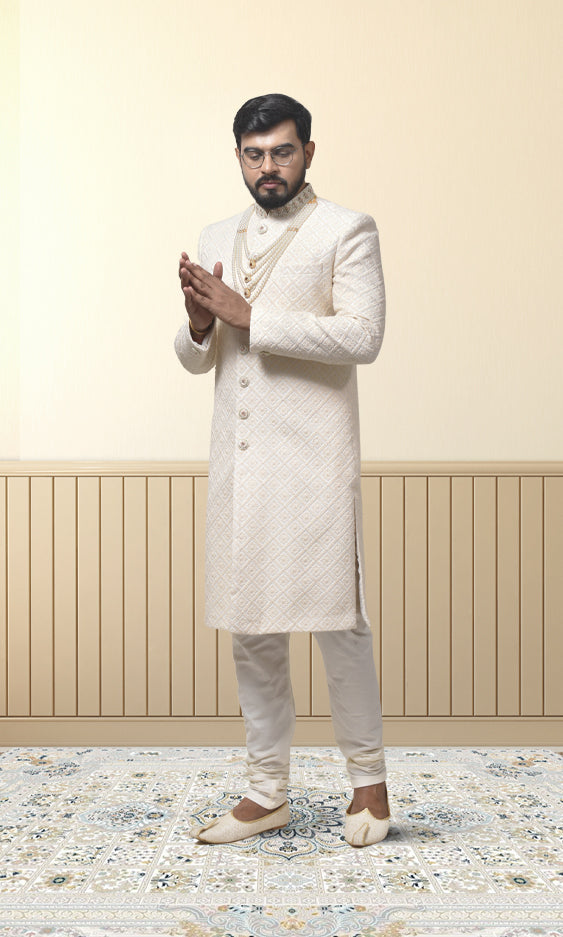 Ivory Diamond-Textured Sherwani with Embellished Buttons & Regal Pearl Accents