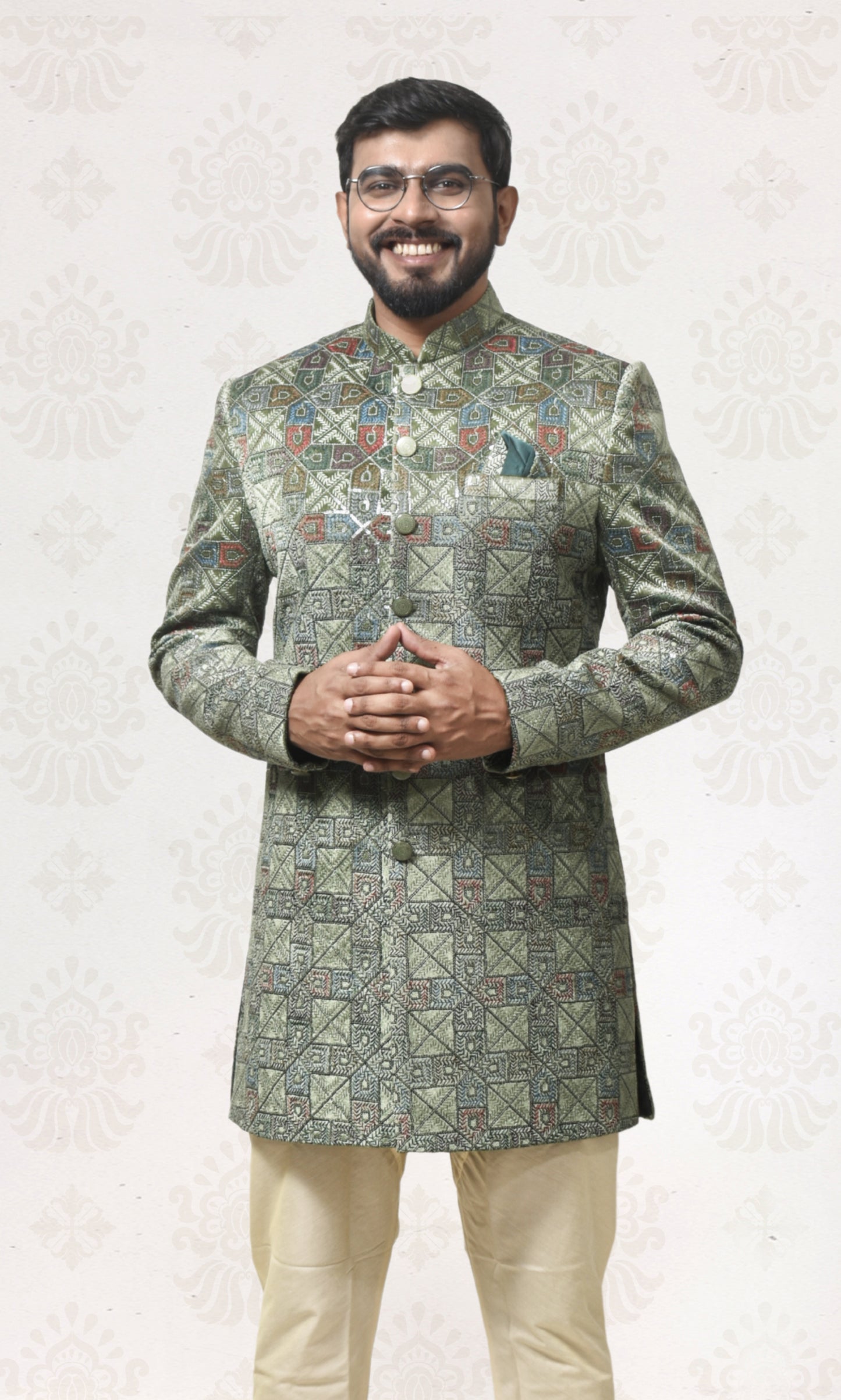 Emerald Green Enigma Indo-Western with Geometric Foliage Embroidery