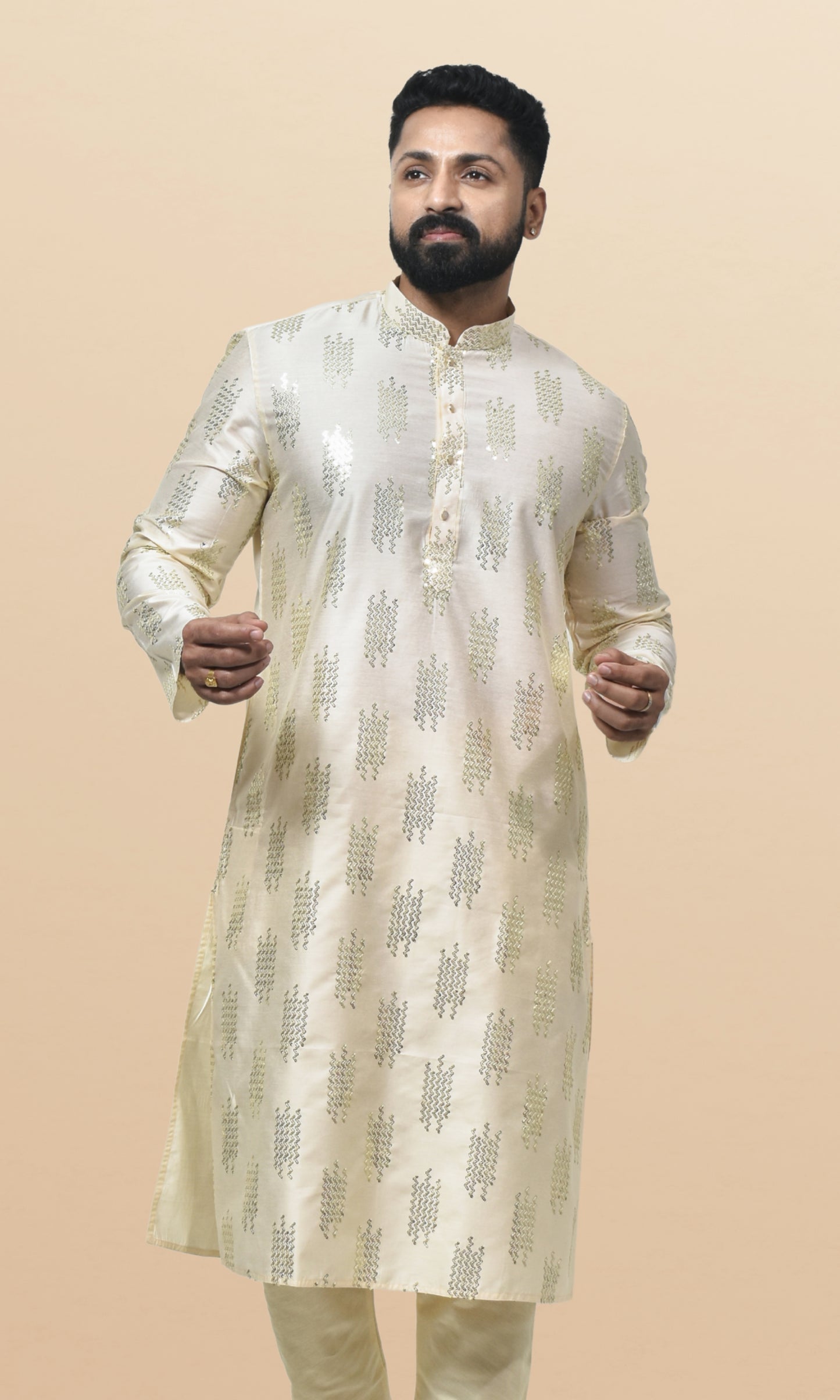 Ivory Butterscotch Cream Majesty Kurta with Shimmering Sequin Embellishments