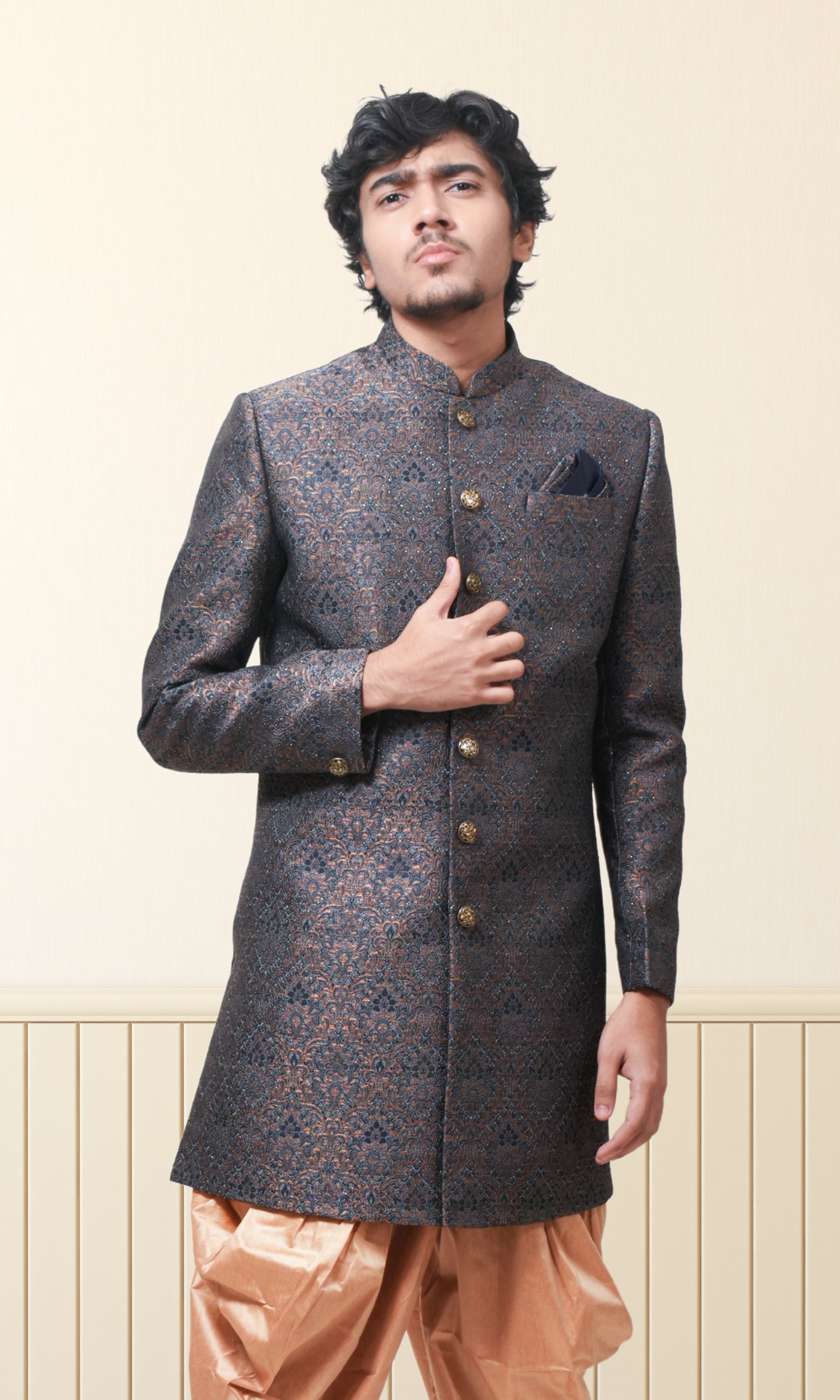 Dusky Sapphire & Charcoal Eclipse Majesty Indo-Western with Burnished Brocade Elegance