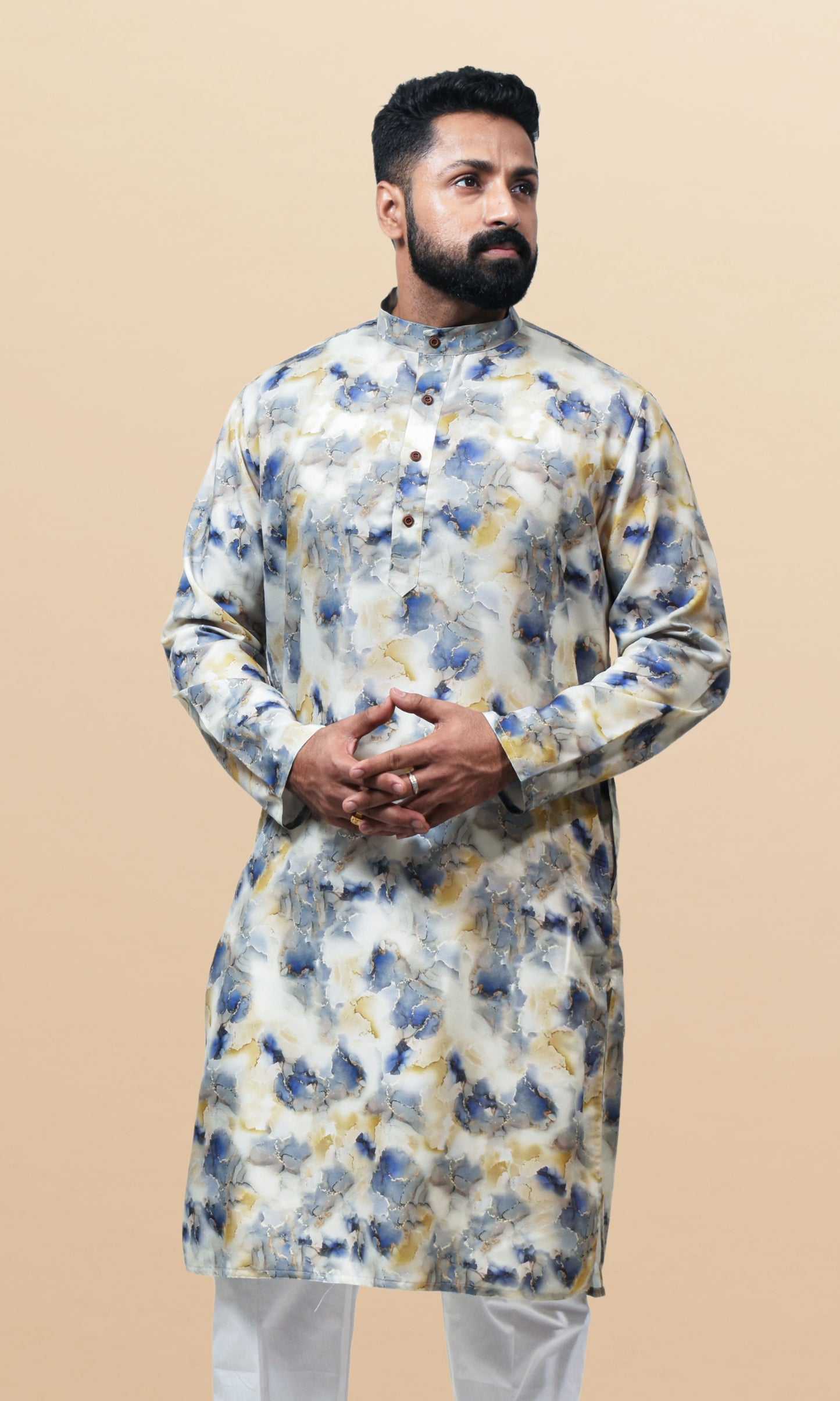 Celestial Ivory & Blue Marbled Kurta with Royal Gold Veins