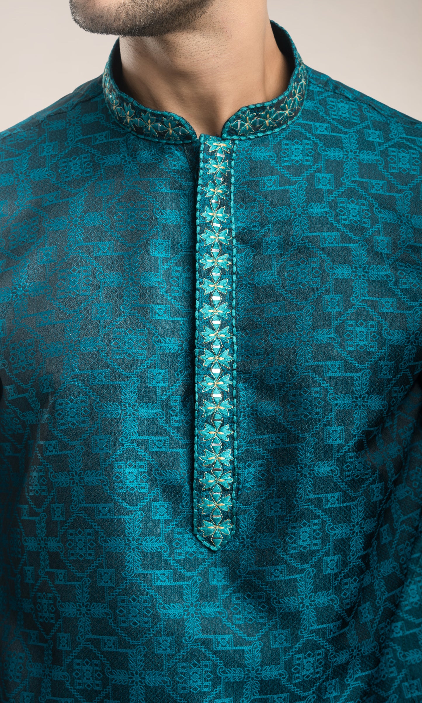 FOREST BLUE MEDALLION WEIVED KURTA WITH MIRRIORED THREADWORK EMBRIODERY