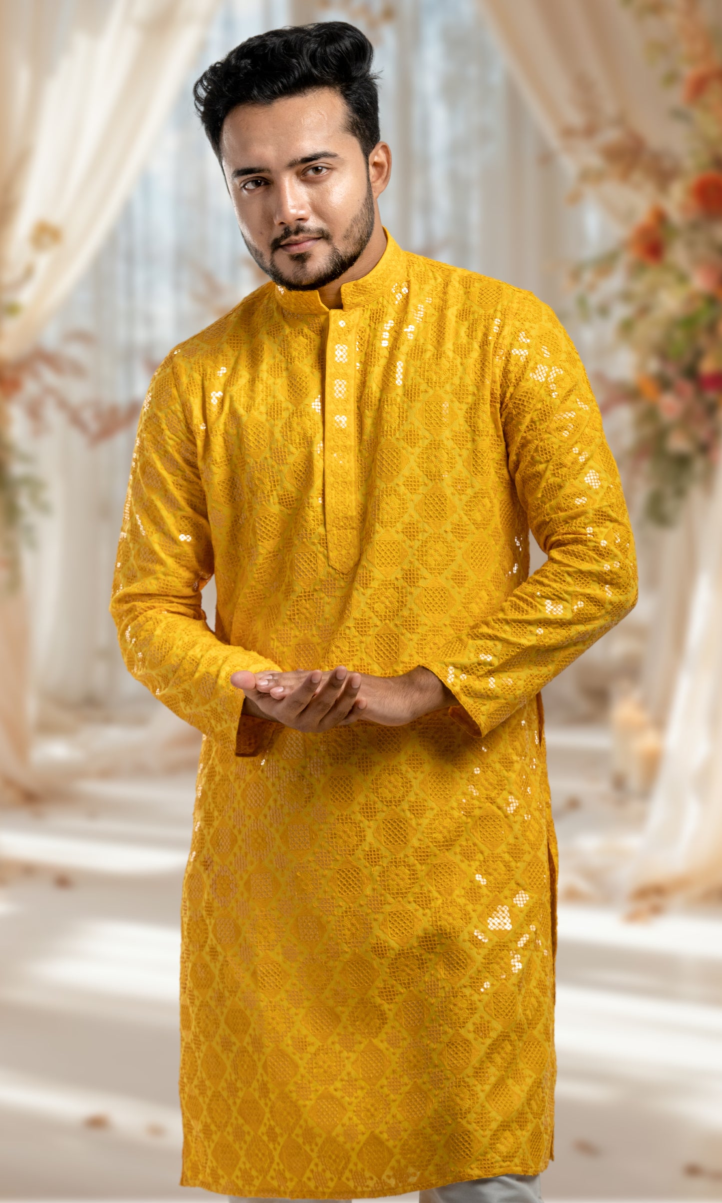 YELLOW SEQUIN EMBELLISHED CHIKANKARI KURTA