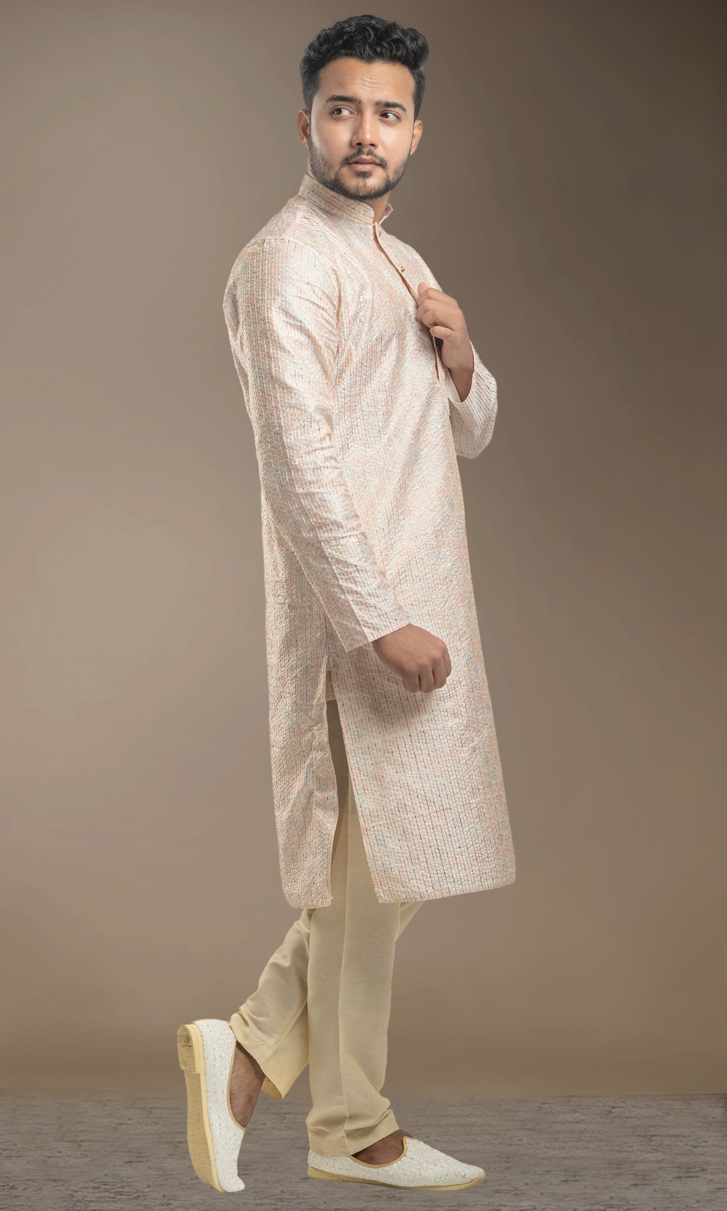 FADED LEMON YELLOW WITH MULTI COLOURED ETHNIC MOTIFS PRINT KURTA WITH SEQIUNED THREADWORK