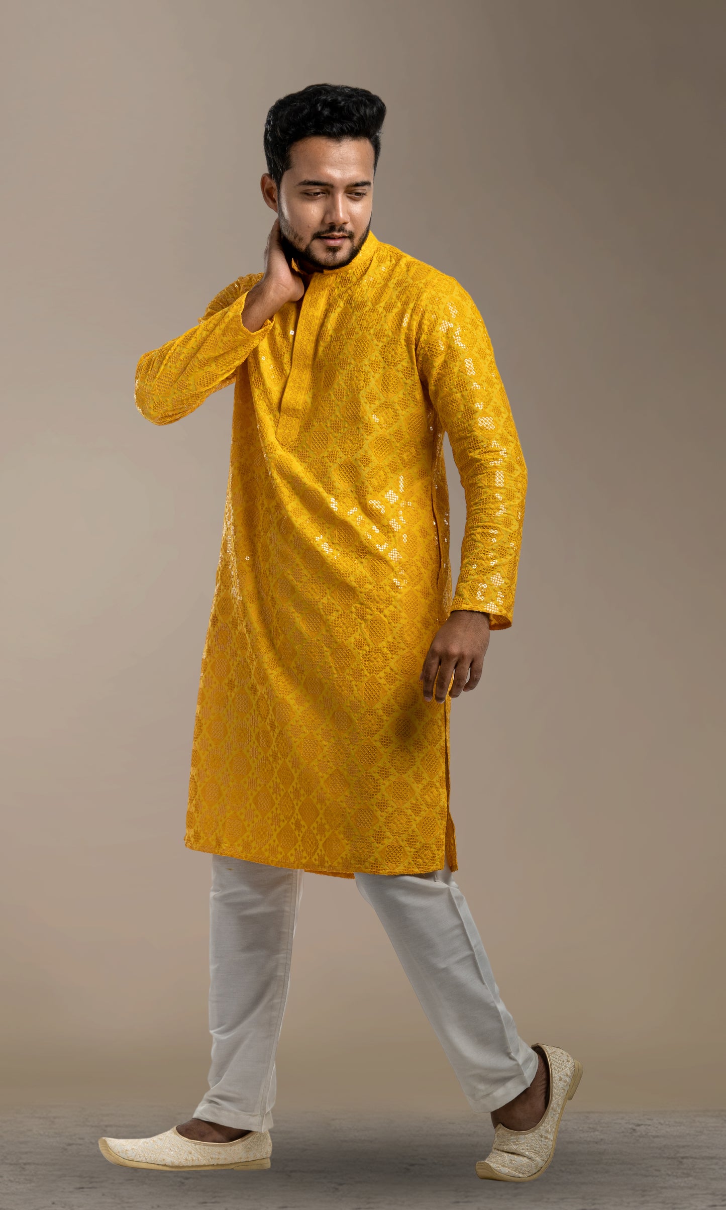 YELLOW SEQUIN EMBELLISHED CHIKANKARI KURTA