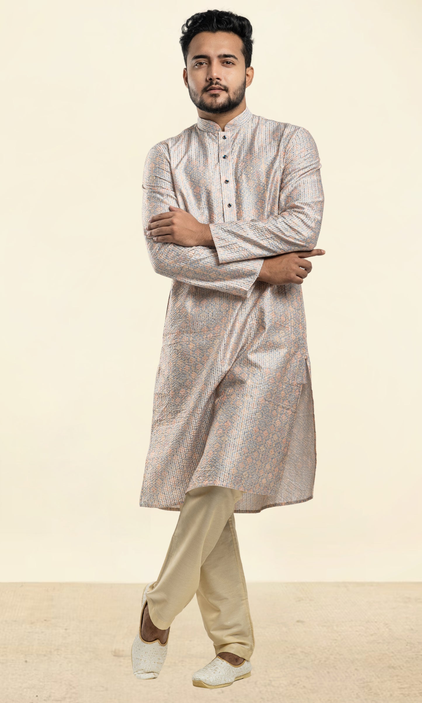 FADED FAWN MULTI COLOURED FLORAL PRINT KURTA WITH SEQIUNED THREADWORK