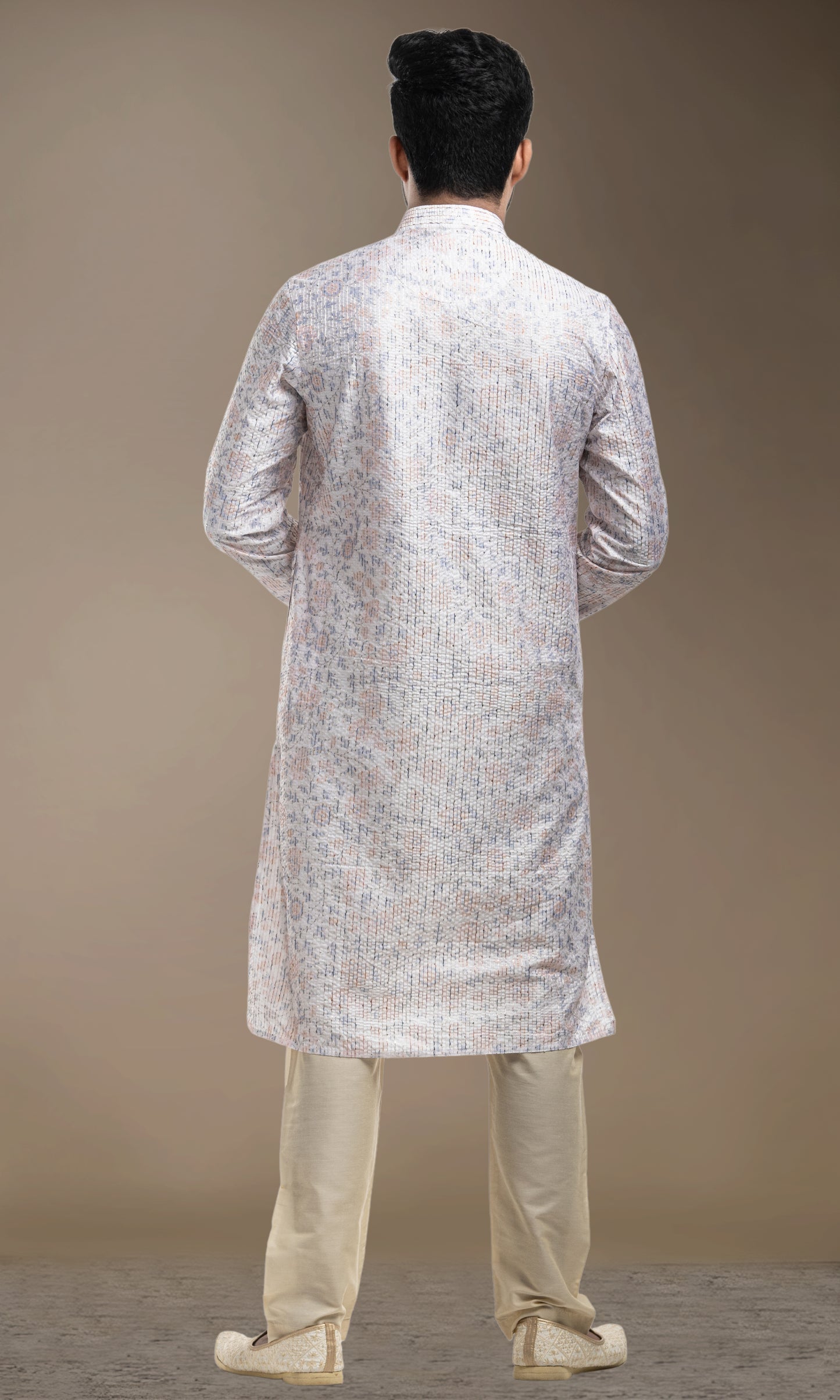 FADED CREAM MULTI COLOURED FLORAL PRINT KURTA WITH SEQIUNED THREADWORK