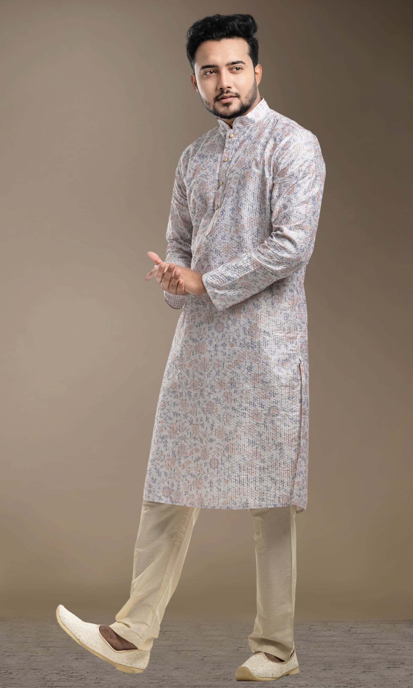 FADED CREAM MULTI COLOURED FLORAL PRINT KURTA WITH SEQIUNED THREADWORK