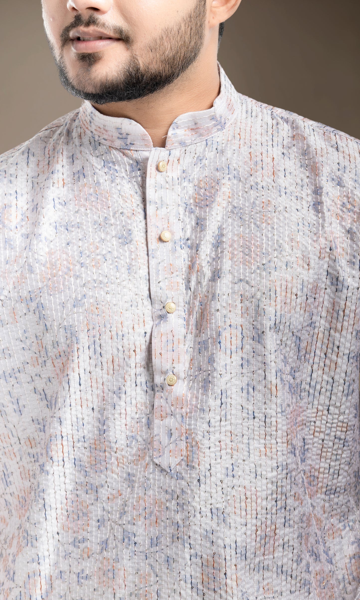 FADED CREAM MULTI COLOURED FLORAL PRINT KURTA WITH SEQIUNED THREADWORK