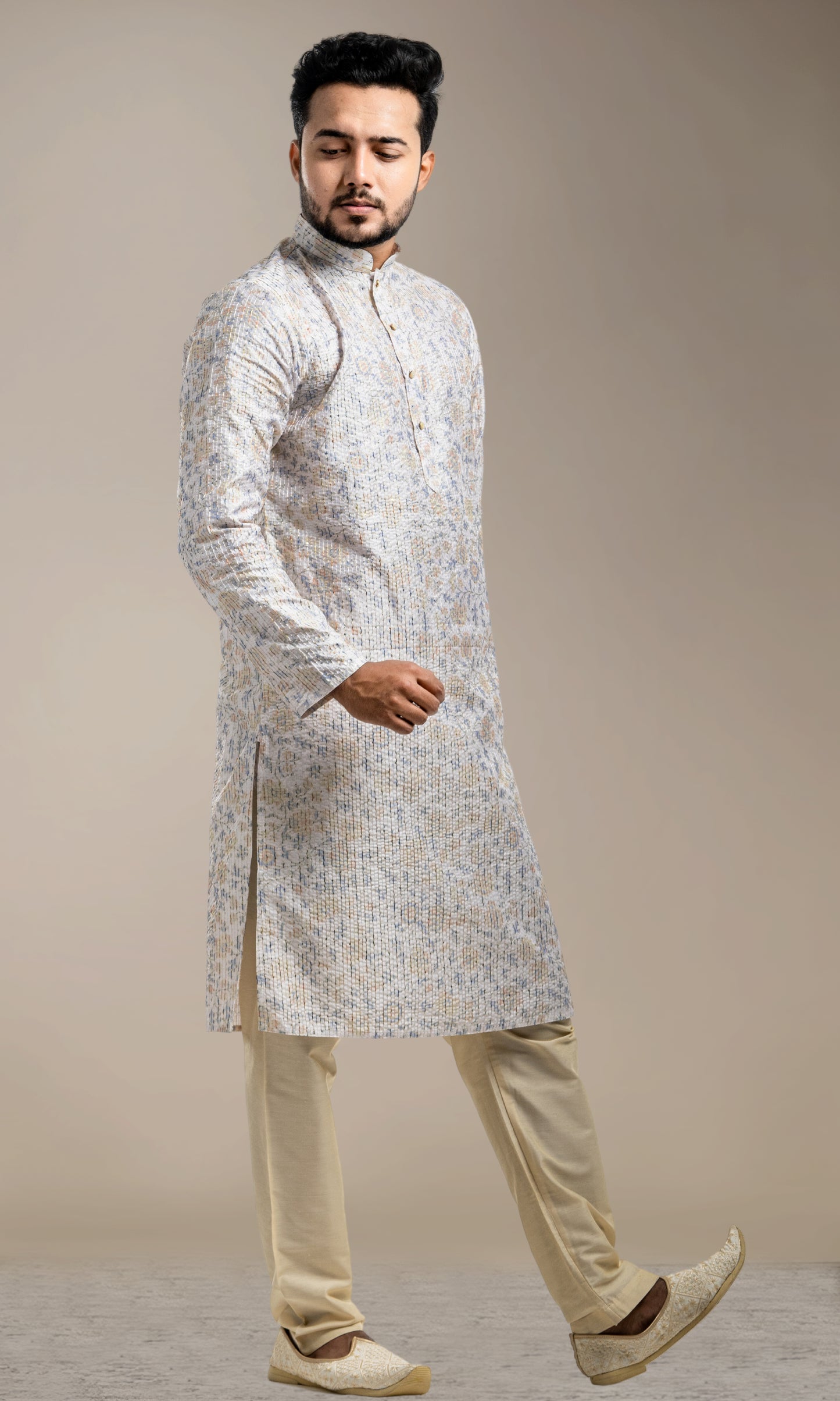 FADED BLUE WITH MULTI COLOURED ETHNIC MOTIFS PRINT KURTA WITH SEQIUNED THREADWORK