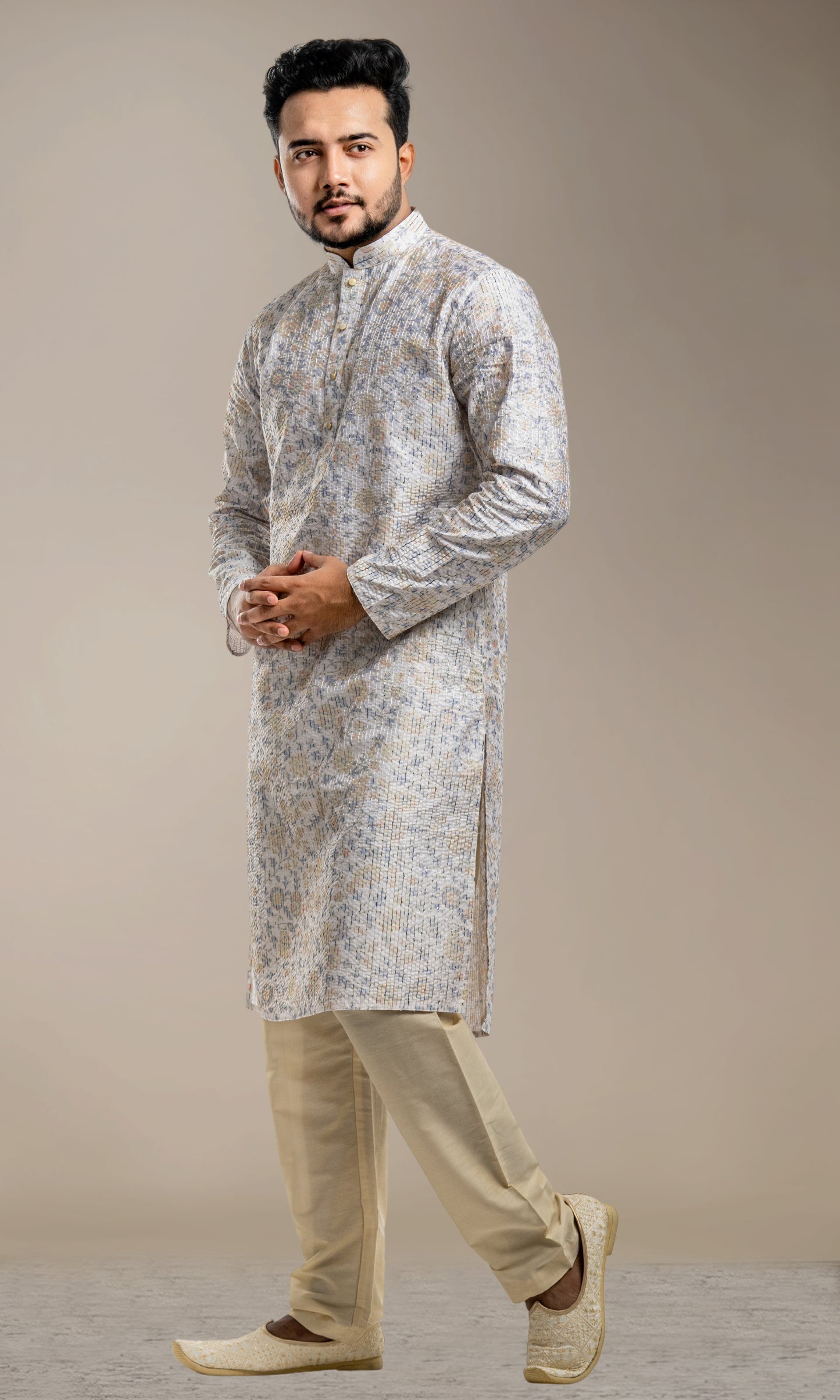FADED BLUE WITH MULTI COLOURED ETHNIC MOTIFS PRINT KURTA WITH SEQIUNED THREADWORK