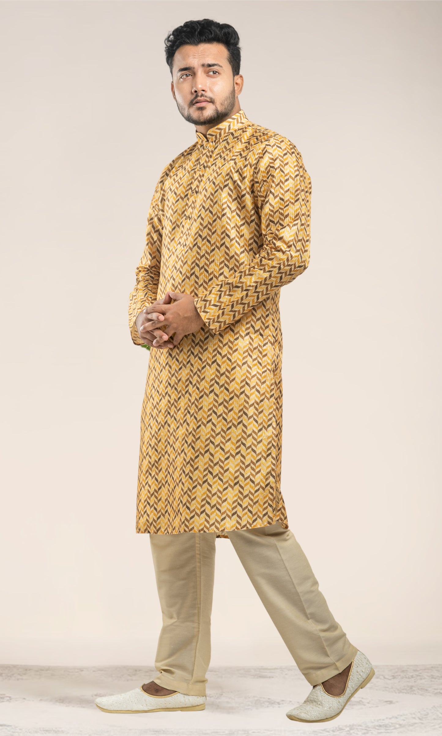 DUAL HALDI YELLOW BOTANICAL LEAF PRINT KURTA WITH SEQIUNED THREADWORK