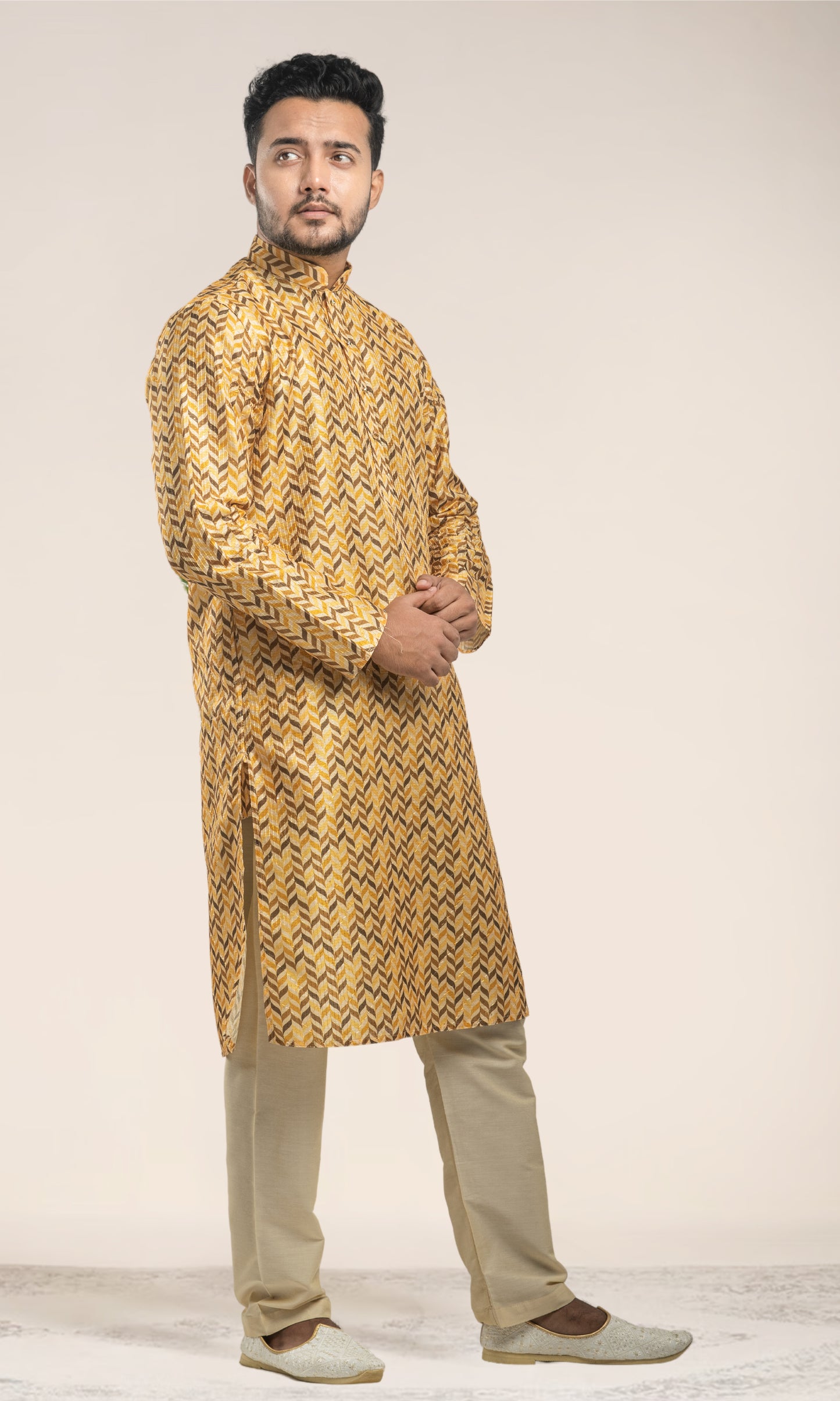 DUAL HALDI YELLOW BOTANICAL LEAF PRINT KURTA WITH SEQIUNED THREADWORK