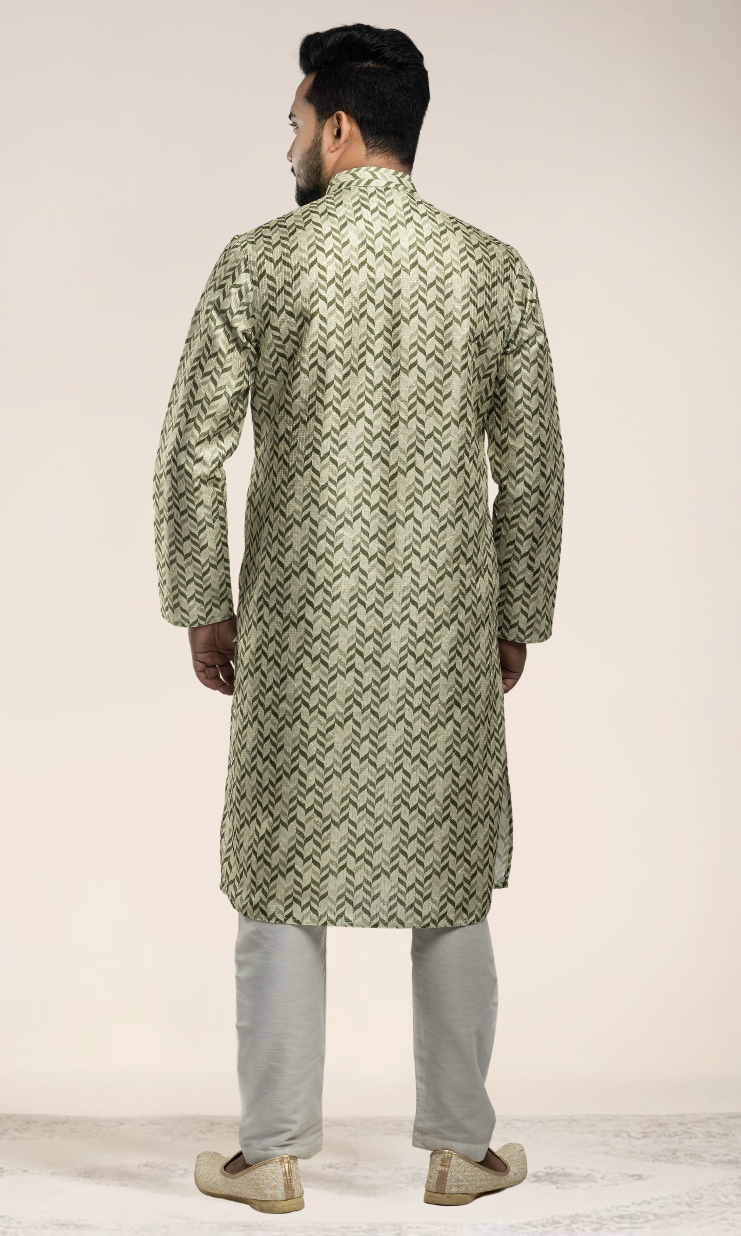 DUAL GRASS GREEN BOTANICAL LEAF PRINT KURTA WITH SEQIUNED THREADWORK