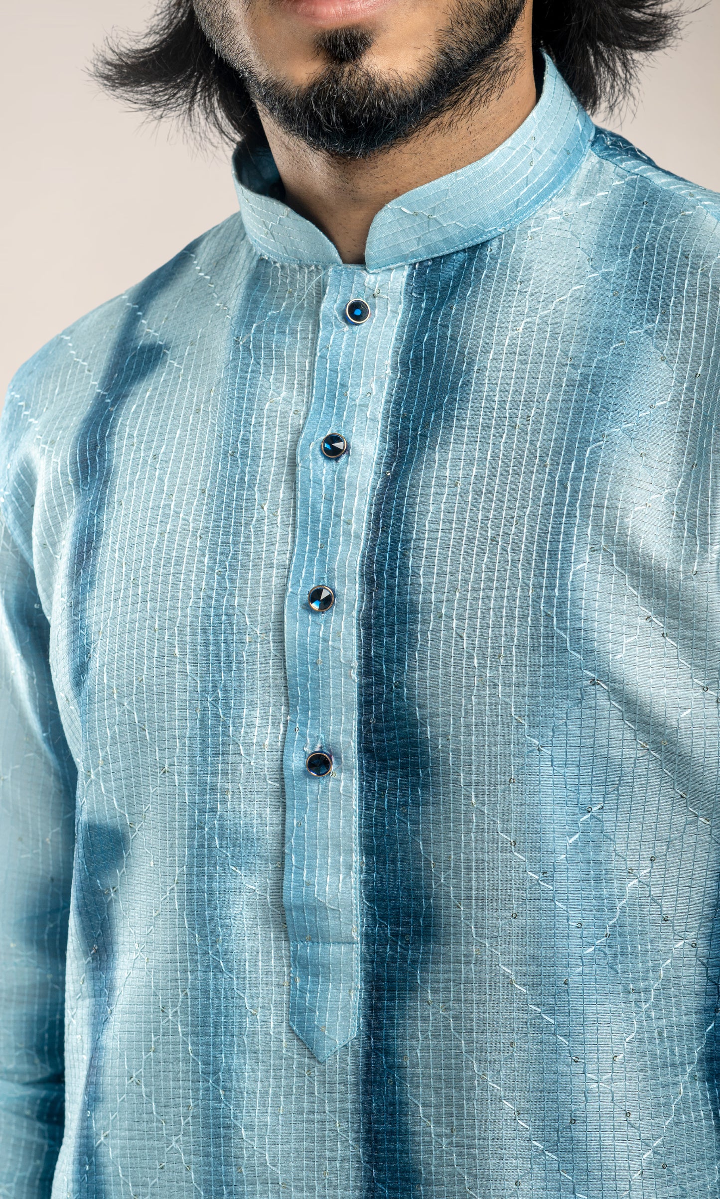 SHADED CRYSTAL WITH NAVY BLUE OMBRE INSPIRED PRINT KURTA WITH SEQIUNED THREADWORK