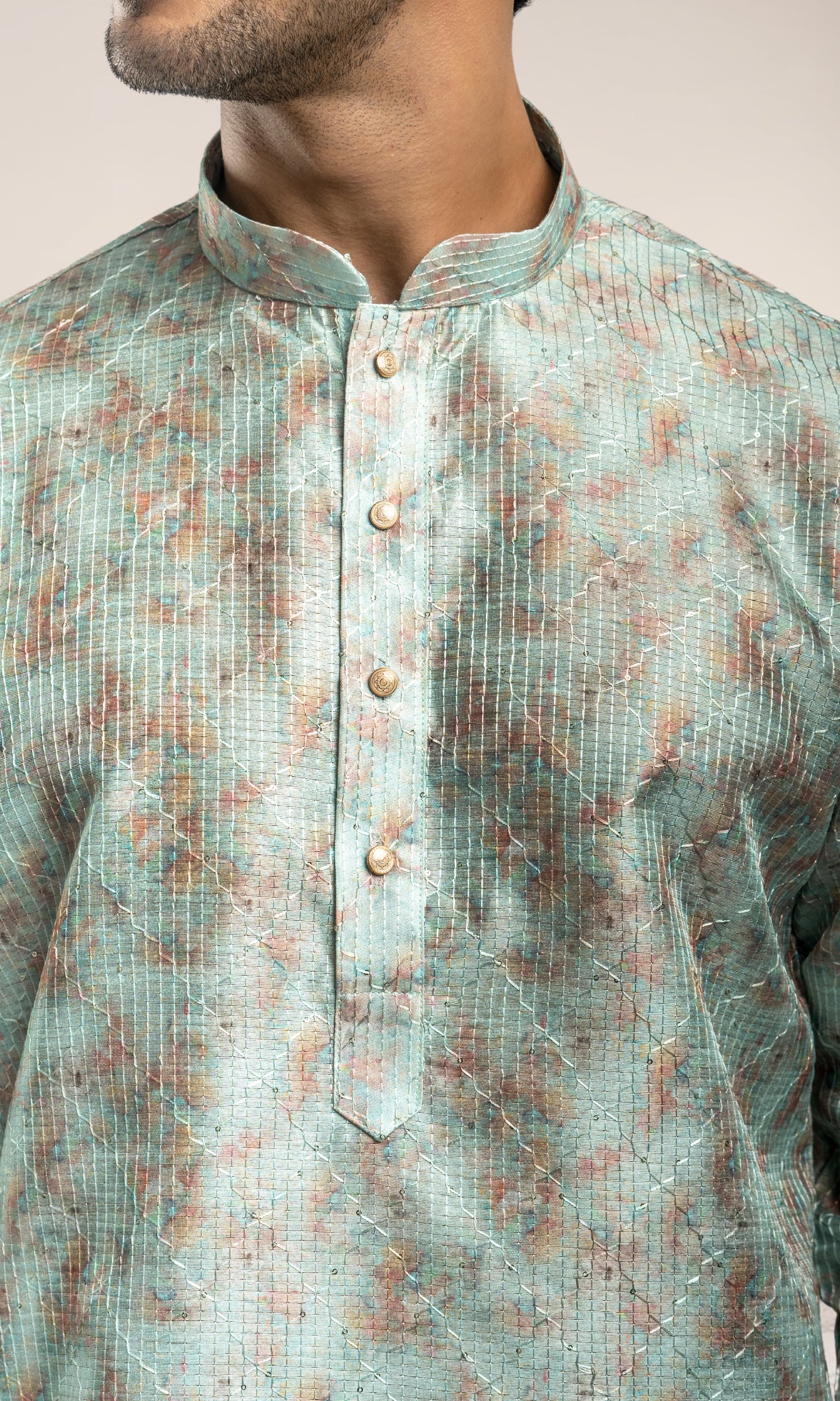 AQUAMARINE BLUE WITH MULTI COLOUED ABSTRACT PRINT KURTA WITH SEQIUNED THREADWORK