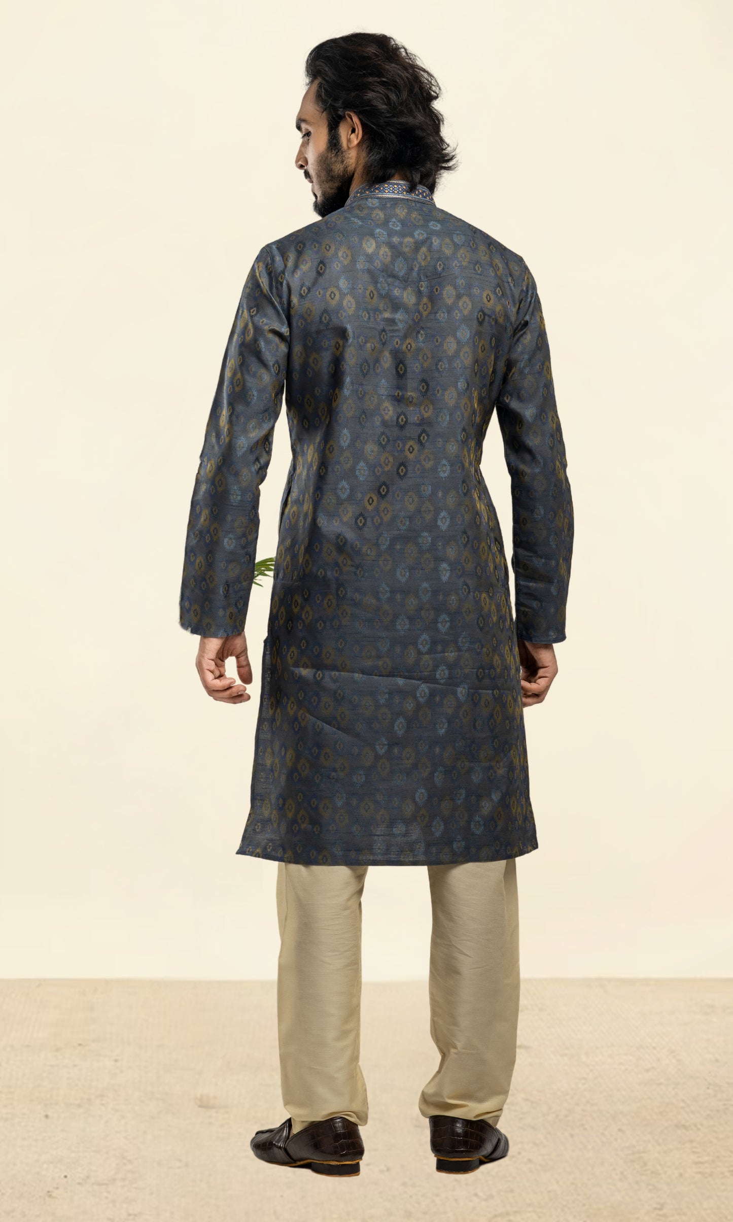 SPACE BLUE WEAVED ETHNIC MOTIFS KURTA WITH THREAD WORK EMBRIODERY