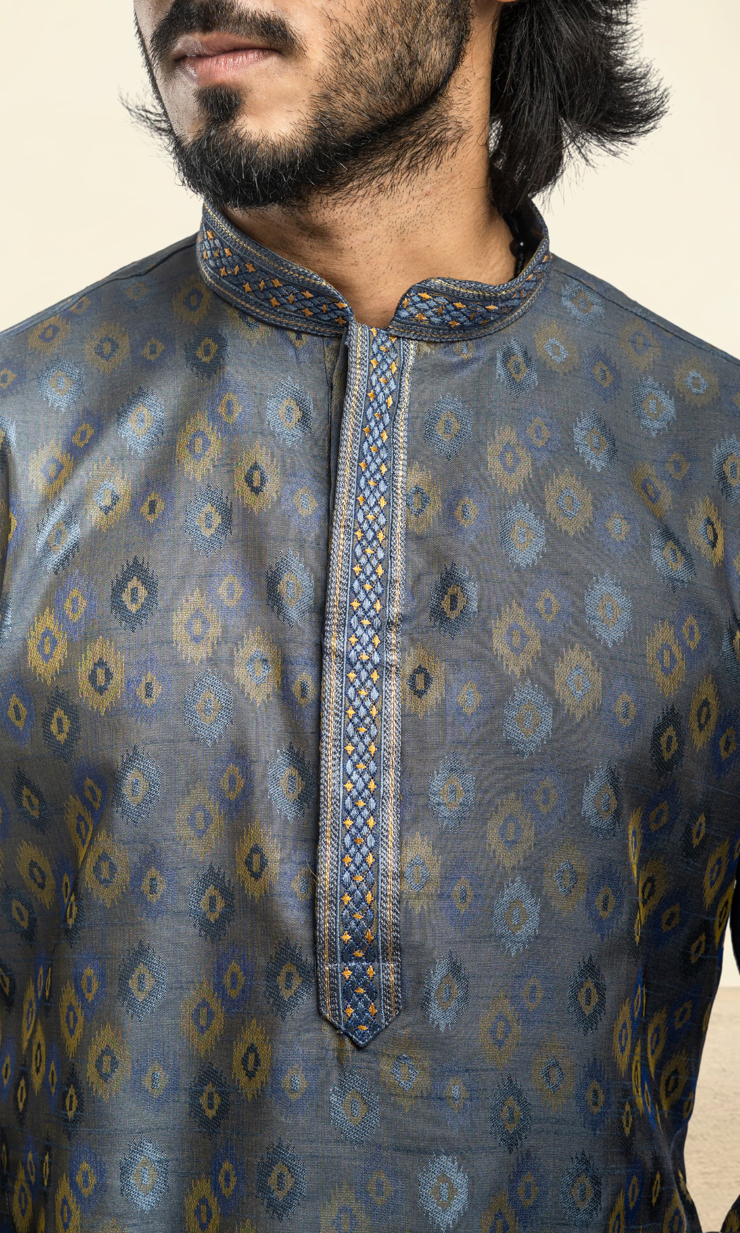 SPACE BLUE WEAVED ETHNIC MOTIFS KURTA WITH THREAD WORK EMBRIODERY