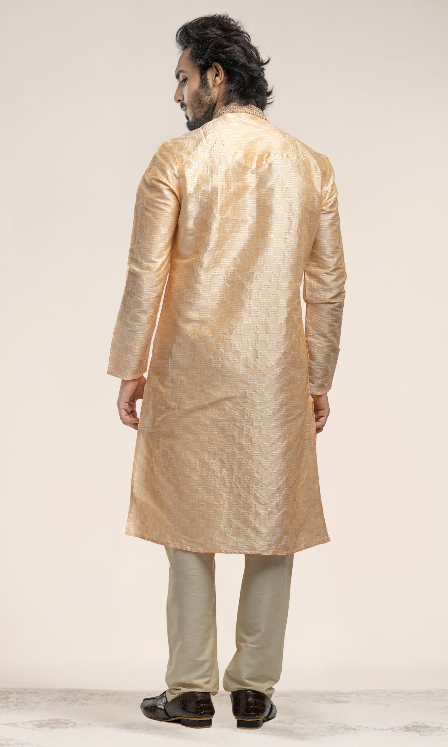 DEEP IVORY WEAVED ETHNIC MOTIFS KURTA WITH EMBRIODERY