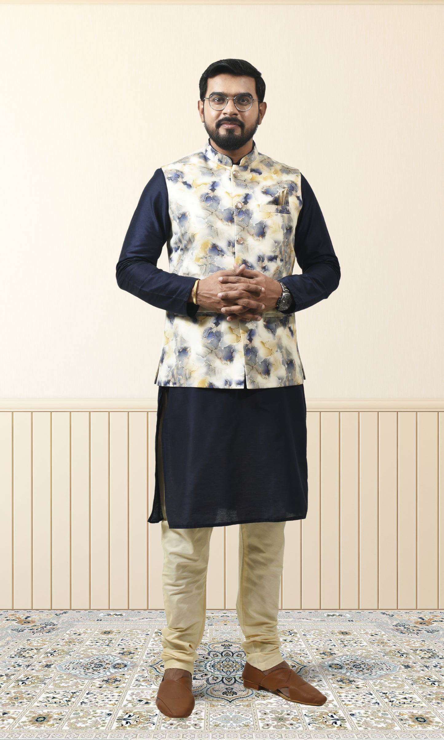 Celestial Ivory & Blue Marbled Jacket with Royal Gold Veins