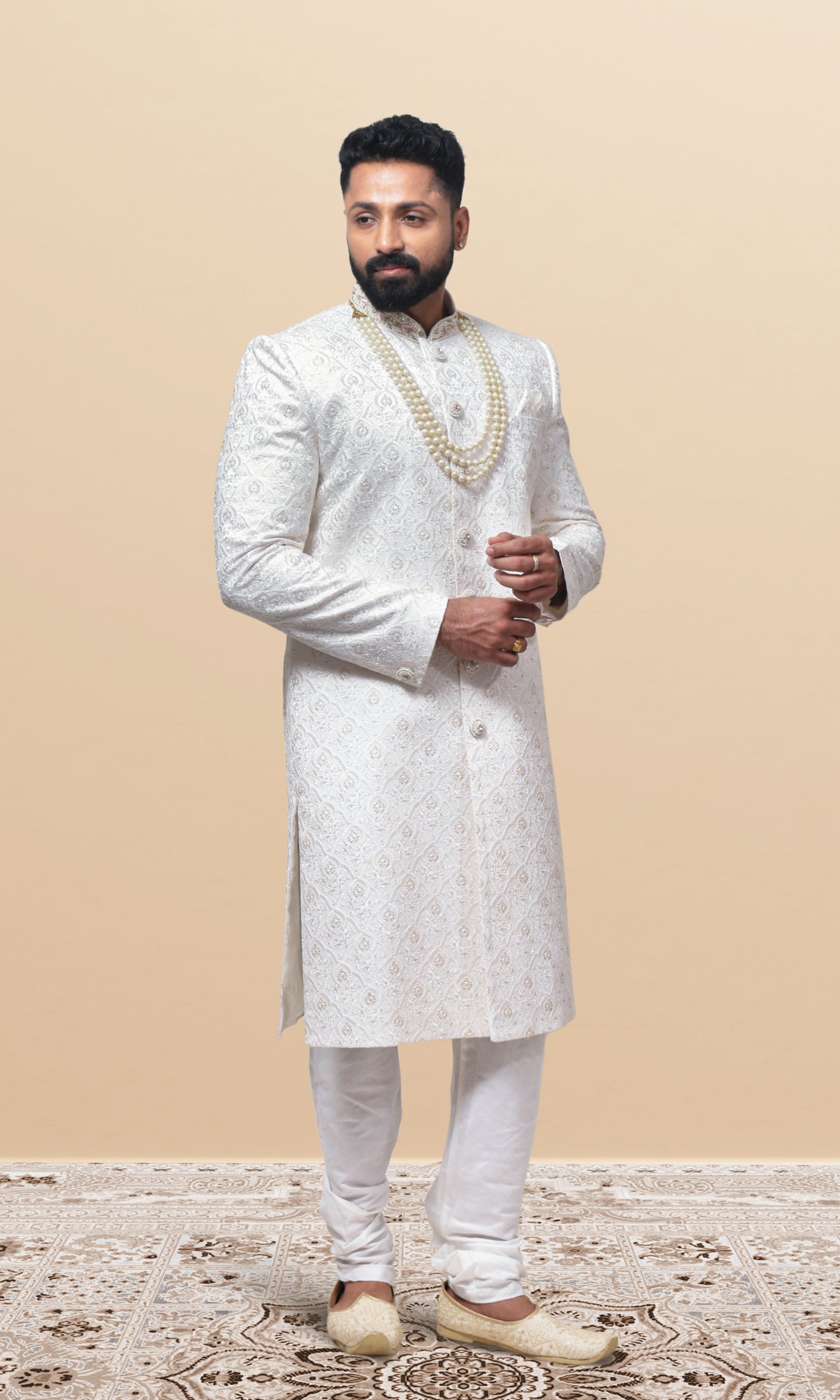 Celestial Ivory Tapestry Sherwani with Lustrous Pearl Encrustations & Ornate Filigree Collar