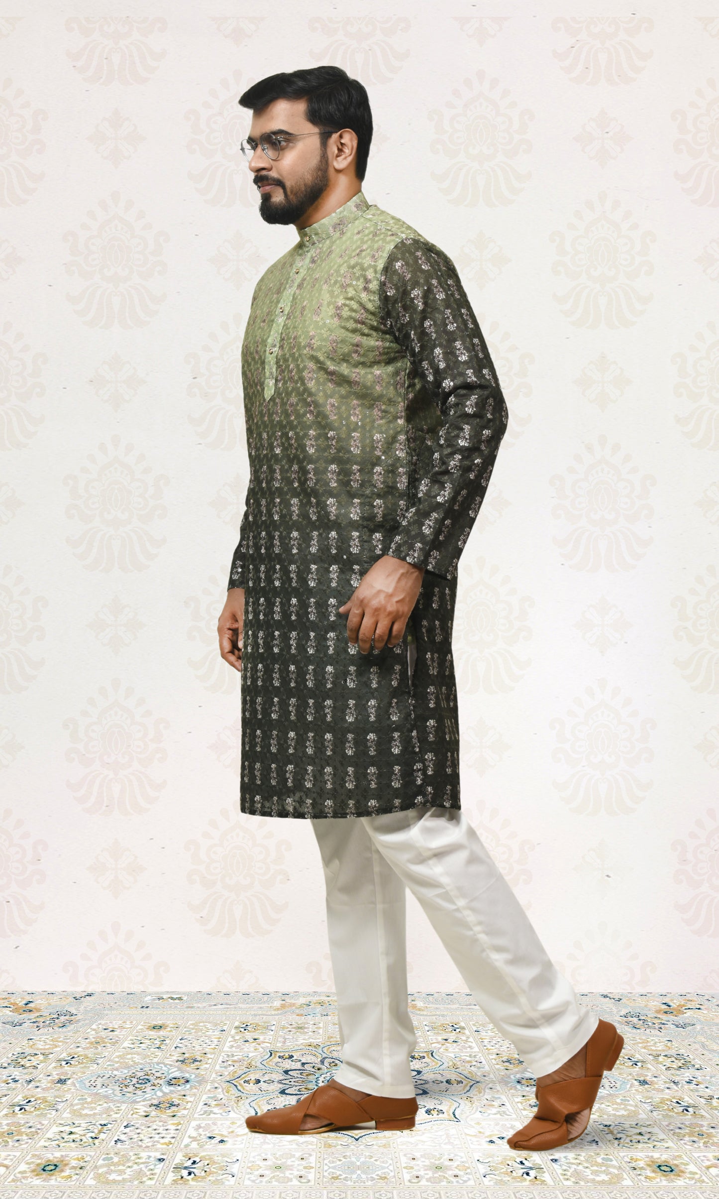 Obsidian-to-Olive Shadowleaf Ombre Kurta with Regal Threadwork And Butta Embellishments