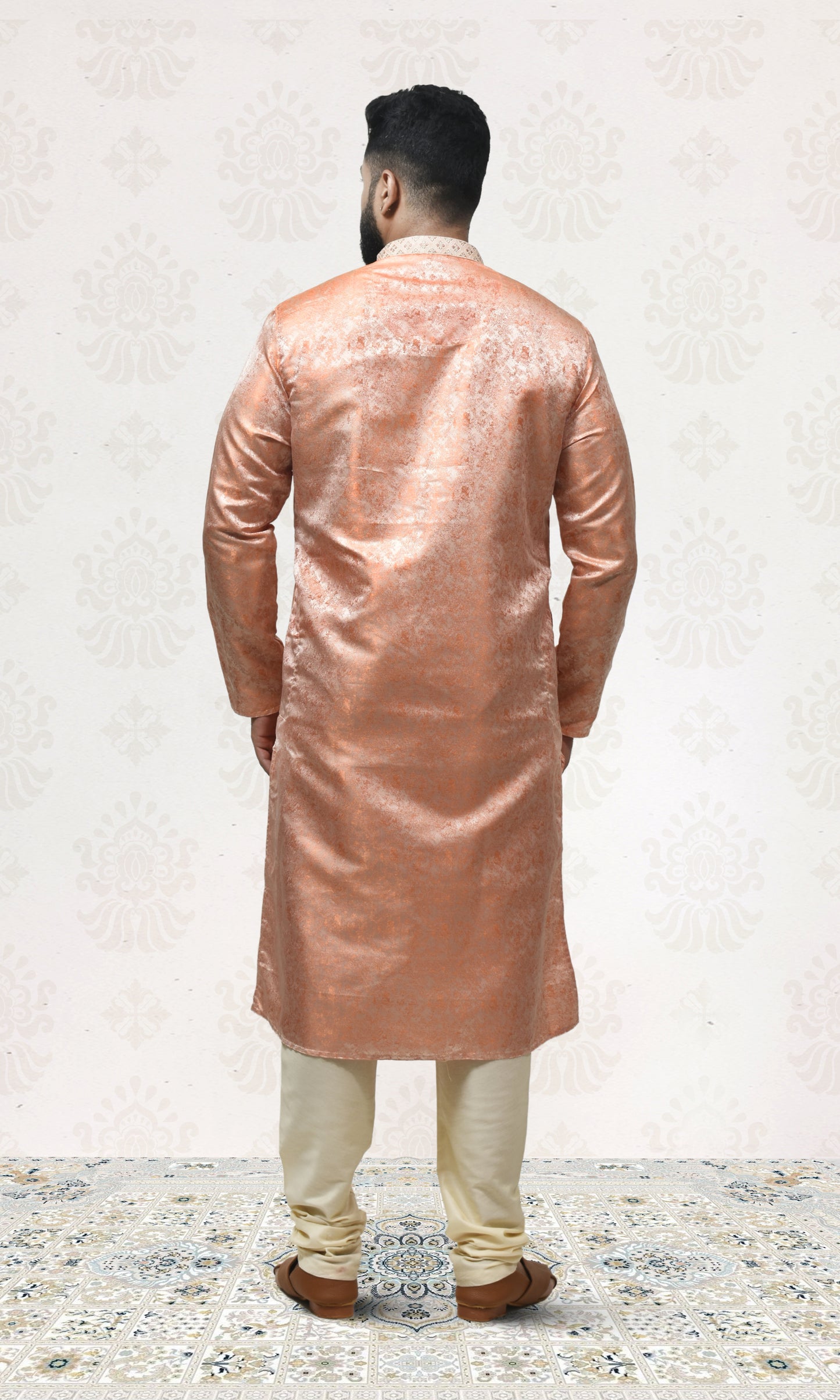 Silken Blush Orange Kurta with Royal Embossed Detailing