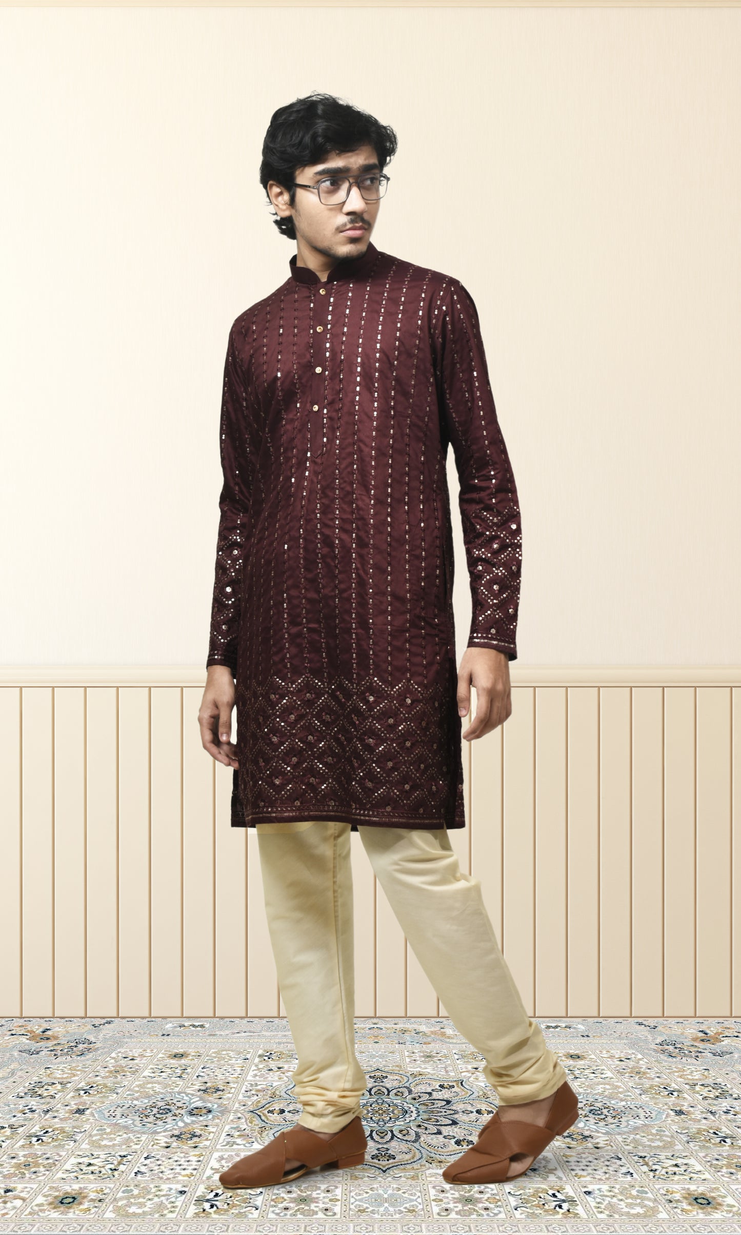 Mulberry Wine Kurta with Luminous Gold Embroidery