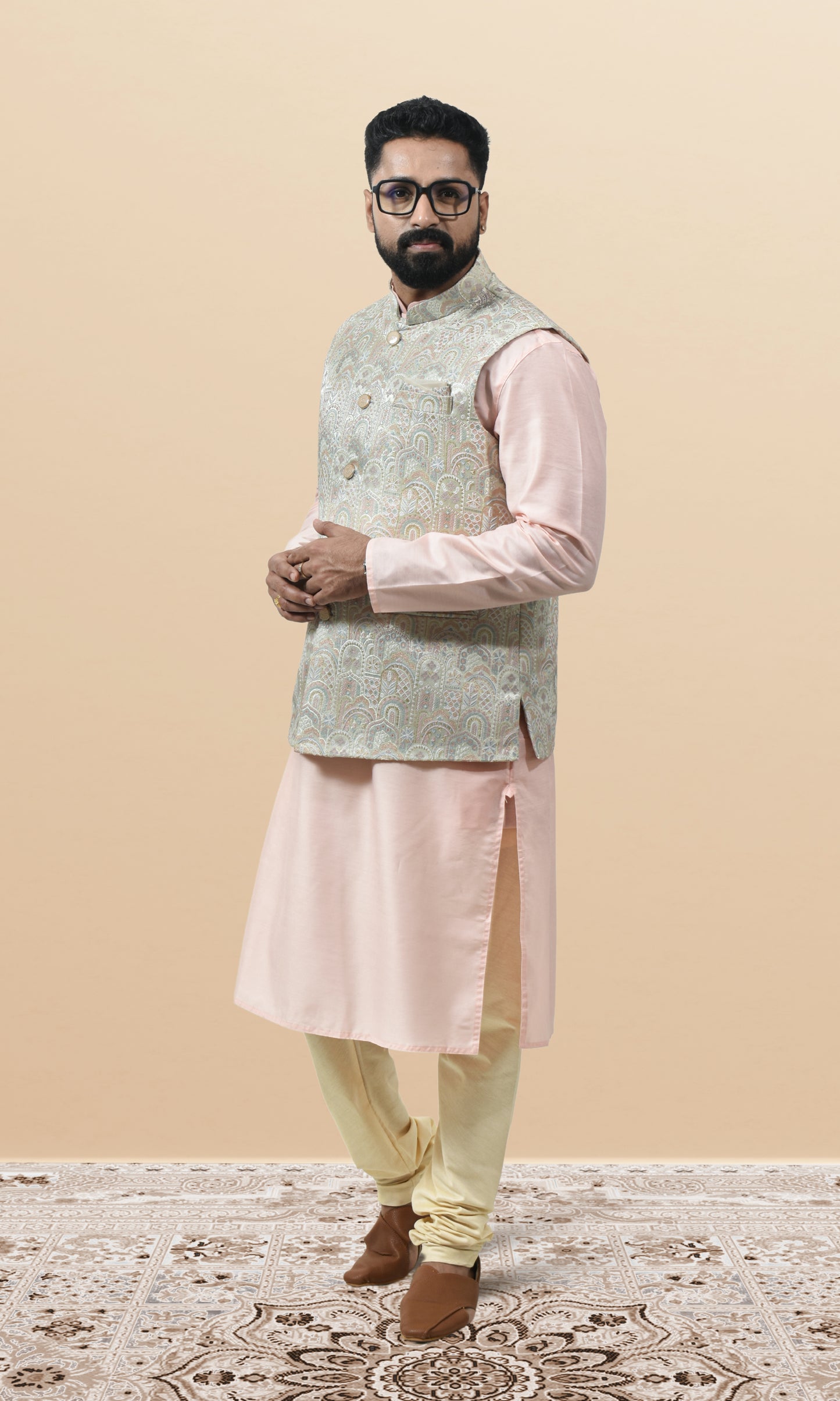 Blush-Tinted Ivory Jacket with Paisley Sequin Embroidery and Delicate Pastel Accents