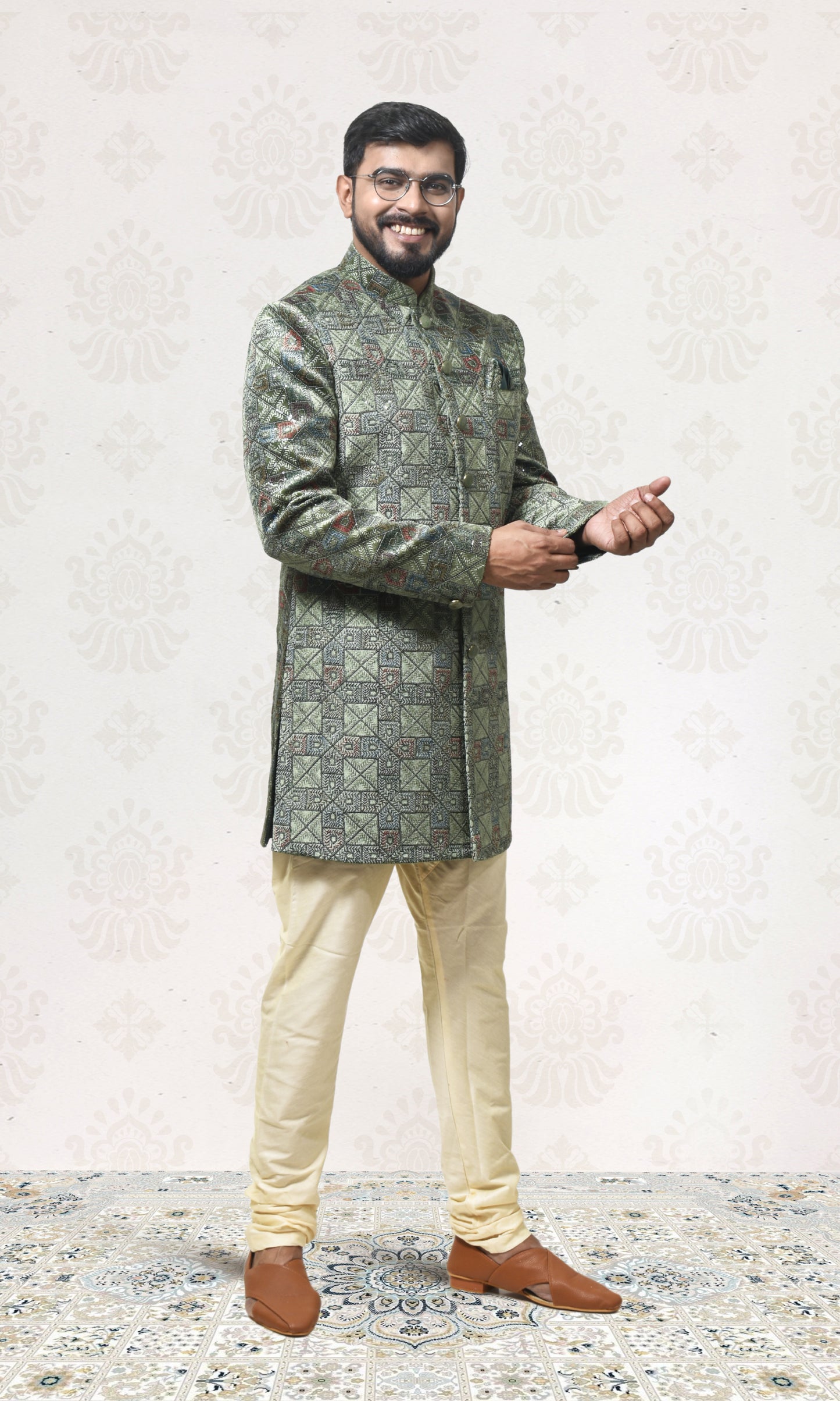 Emerald Green Enigma Indo-Western with Geometric Foliage Embroidery