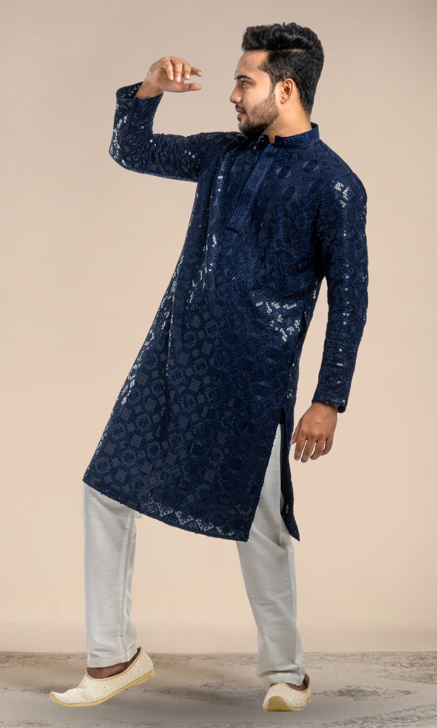 NAVY BLUE SEQUIN EMBELLISHED CHIKANKARI KURTA