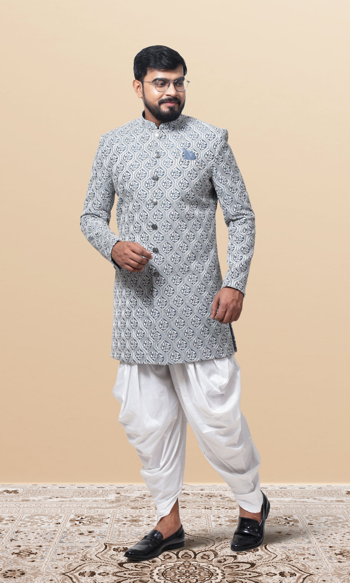 Silver Mirage Indo-Western with Ornate Lattice Embroidery