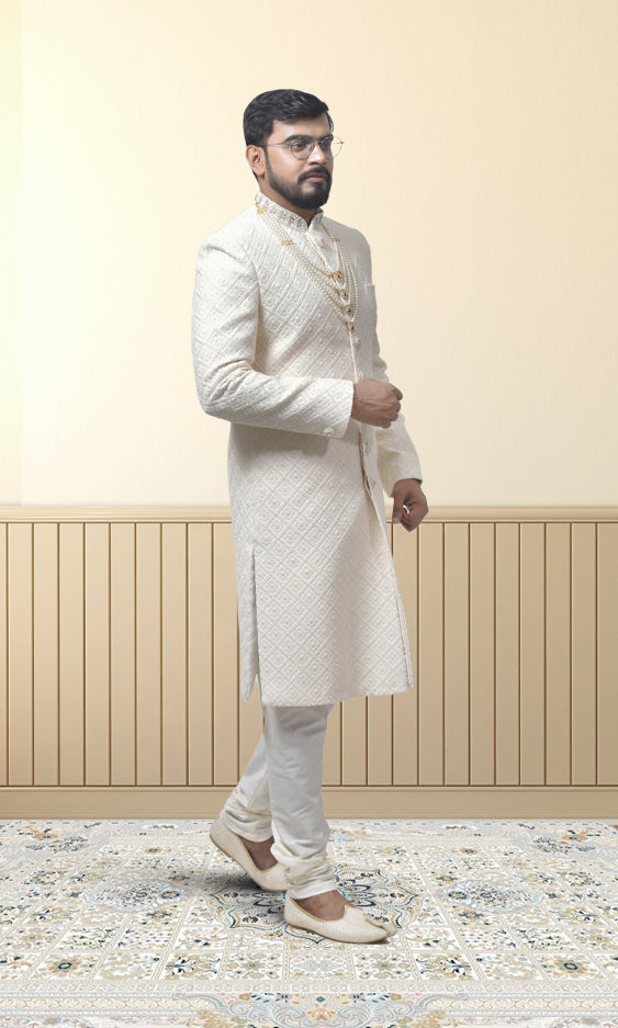 Ivory Diamond-Textured Sherwani with Embellished Buttons & Regal Pearl Accents