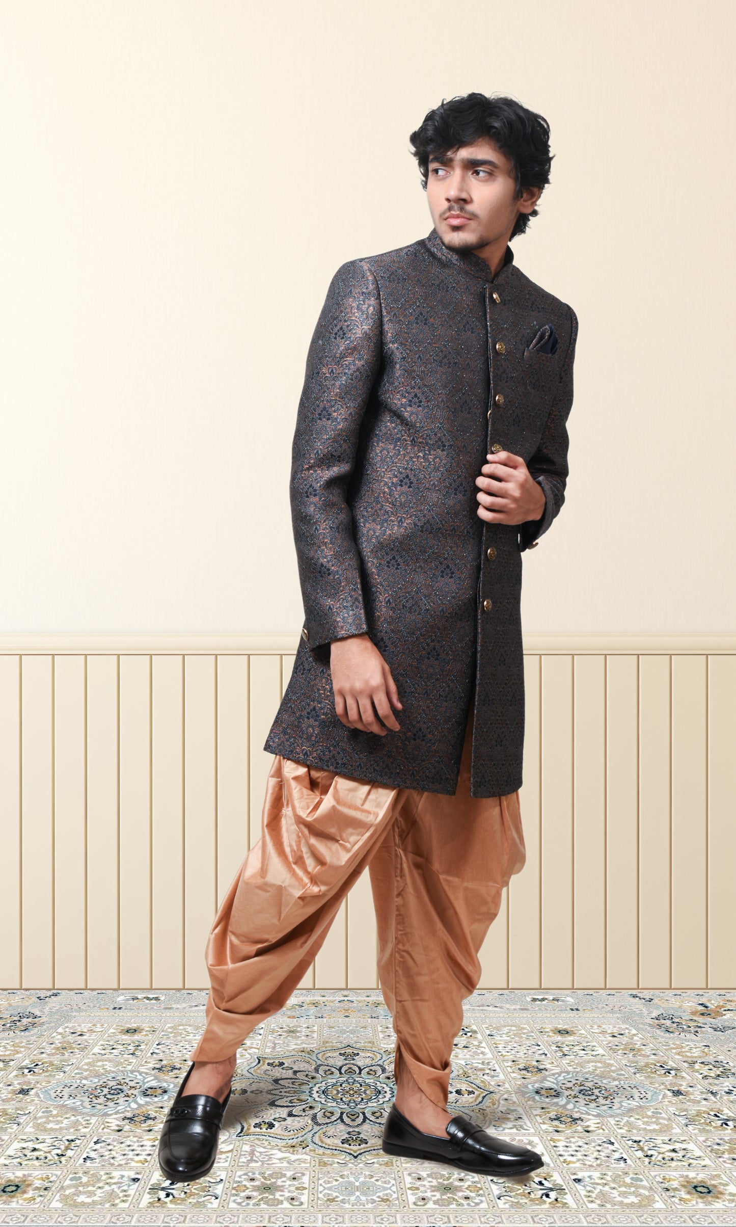Dusky Sapphire & Charcoal Eclipse Majesty Indo-Western with Burnished Brocade Elegance