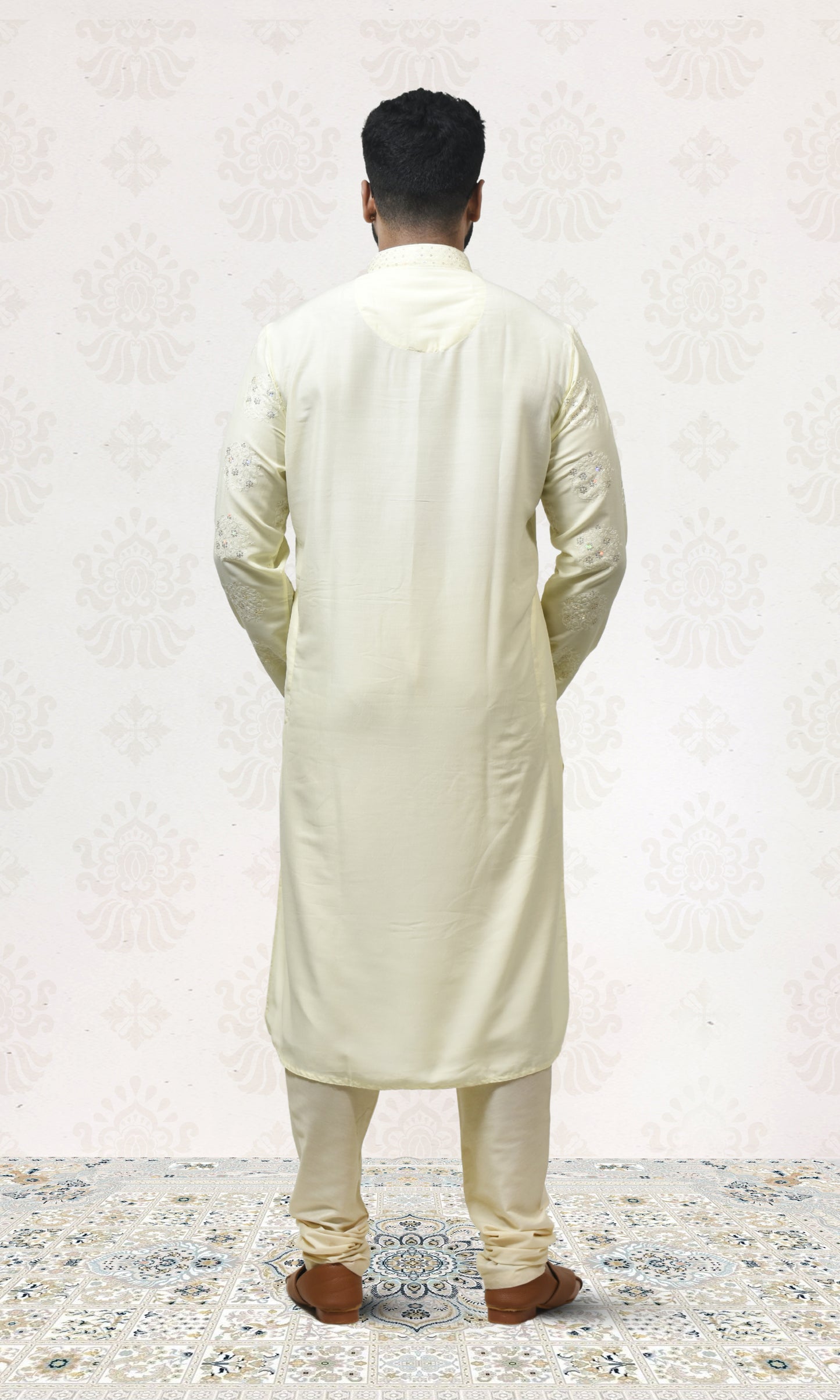 Golden Buttercream Kurta with Delicate Crystal & Floral Embroidery