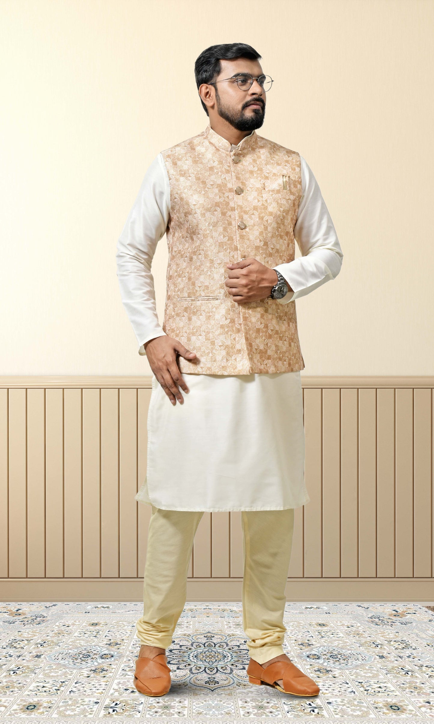 Sunkissed Sandstone Jacket with Heritage Floral Detailing