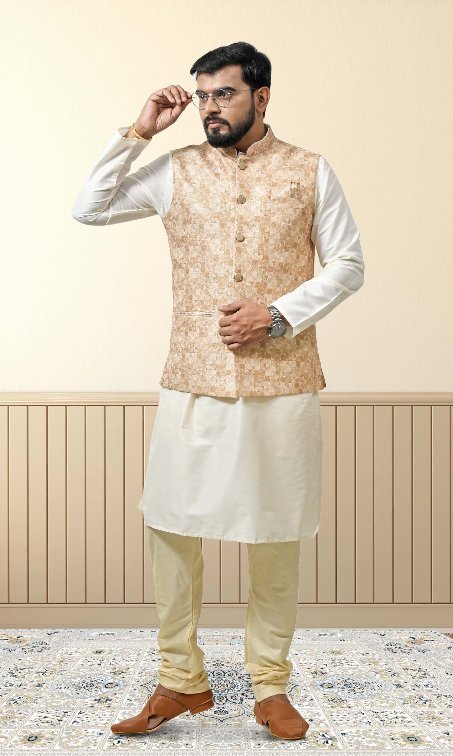 Sunkissed Sandstone Jacket with Heritage Floral Detailing