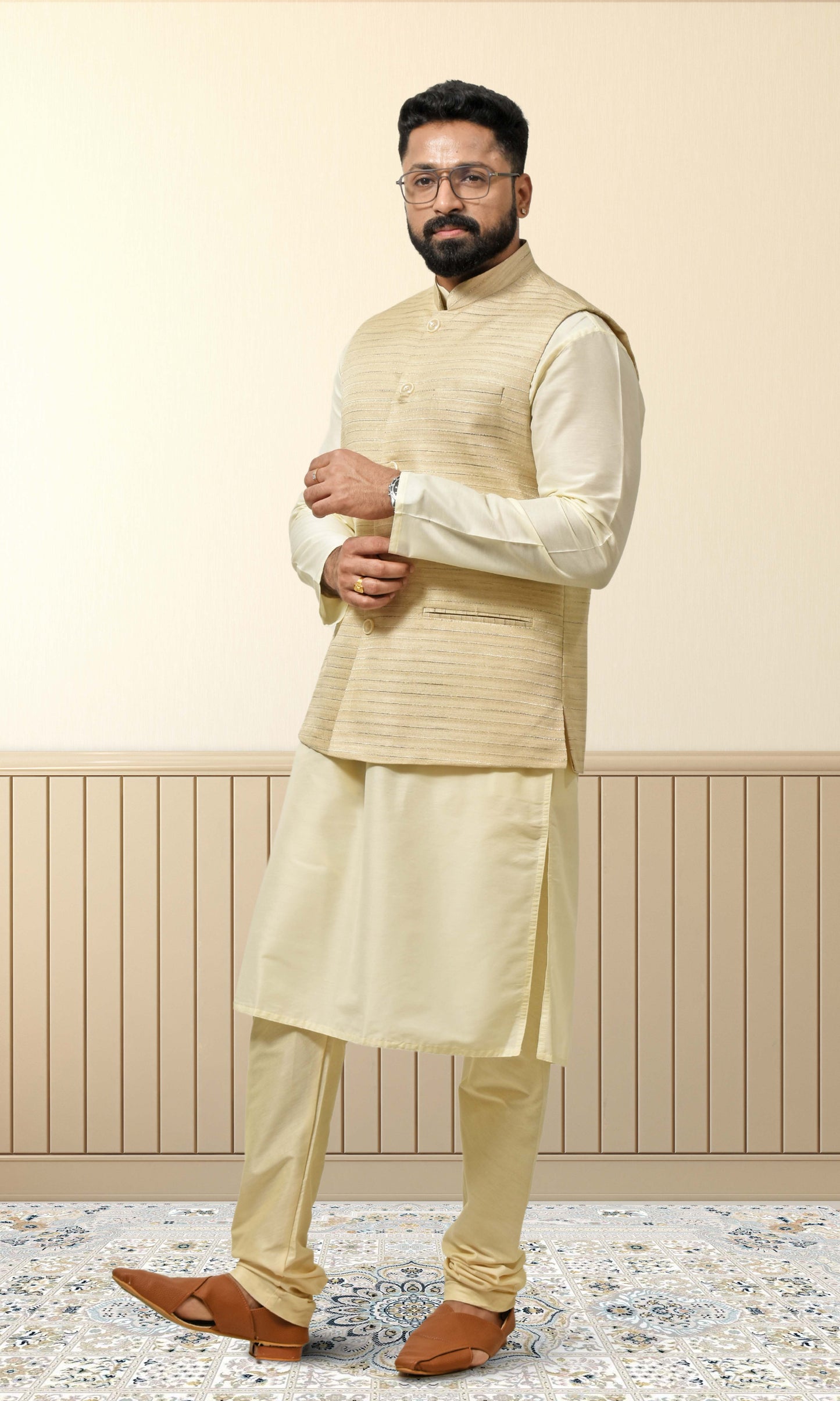 Regal Linen Gold Jacket with Contemporary Linear Patterns