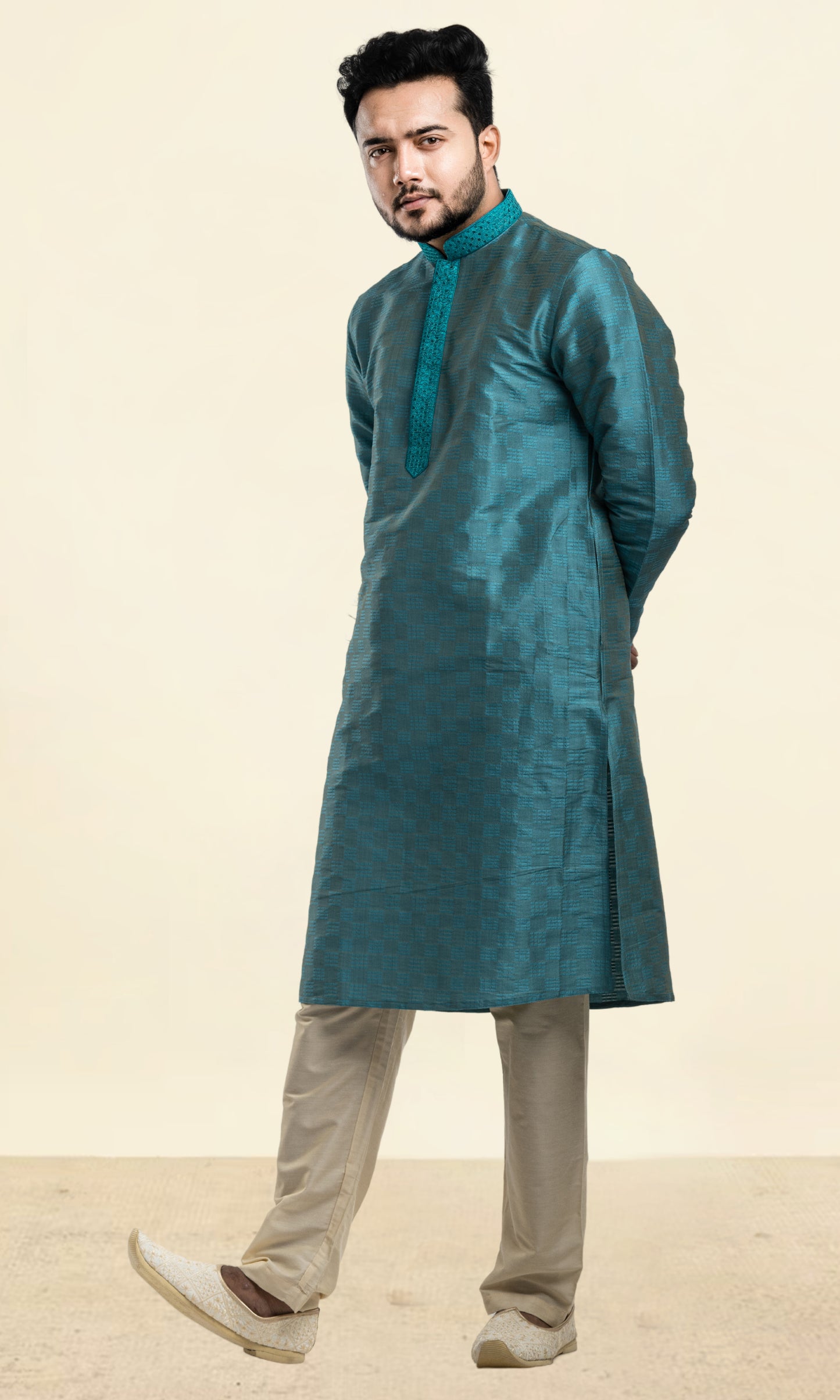 DEEP TURQUOISE WEAVED ETHNIC MOTIFS KURTA WITH EMBRIODERY