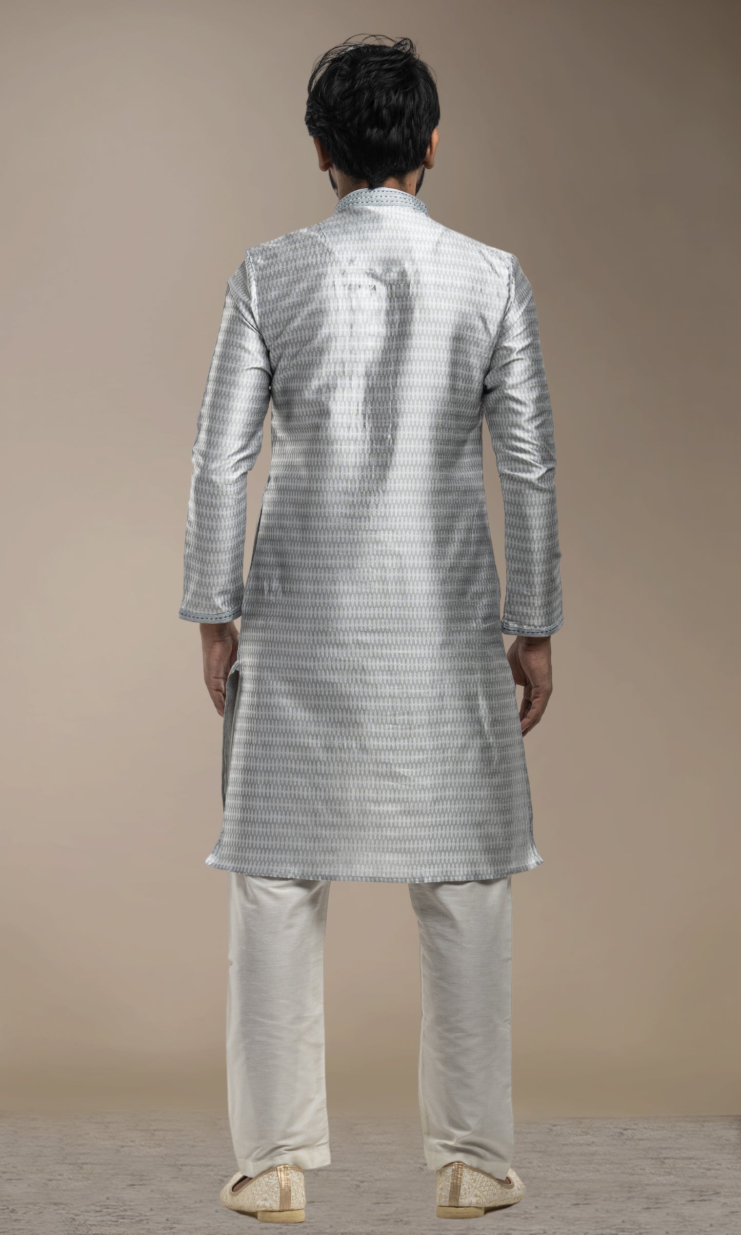 STEEL GREY WEAVED ETHNIC MOTIFS WITH KATHA STITCH KURTA