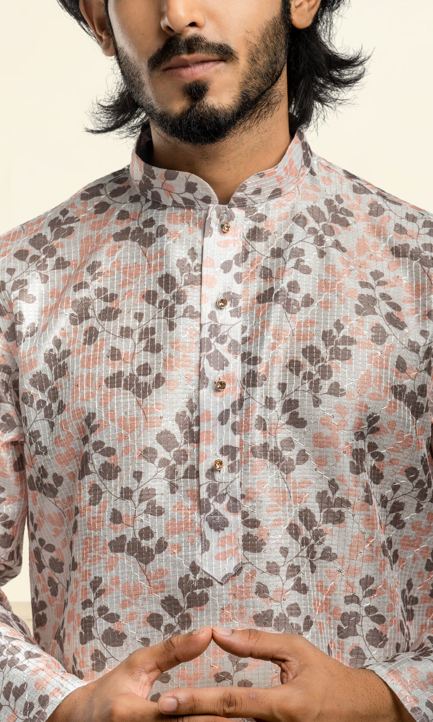 HALDI YELLOW WITH BRONZE FLORAL PRINT KURTA WITH THREAD WORK EMBRIODERY
