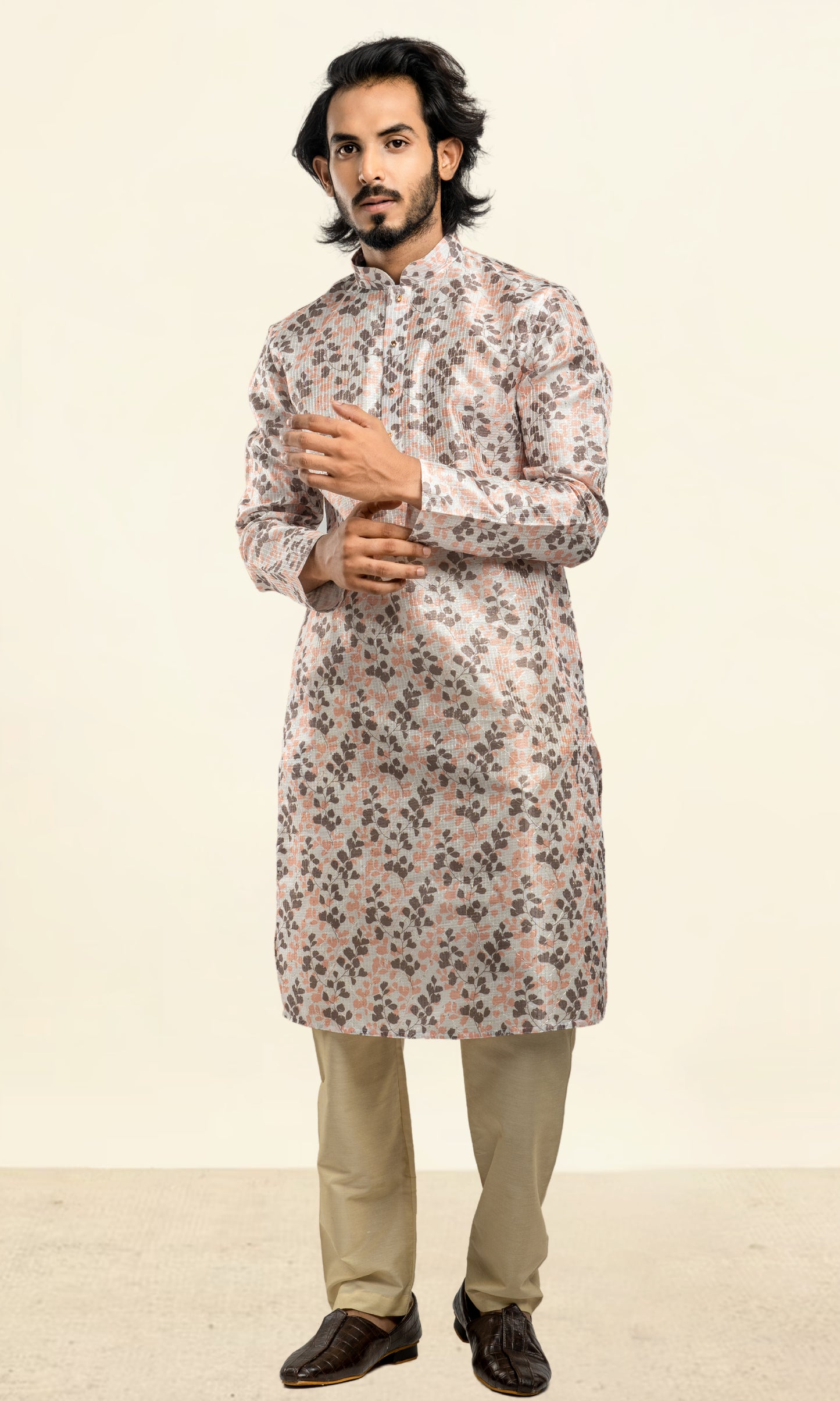 HALDI YELLOW WITH BRONZE FLORAL PRINT KURTA WITH THREAD WORK EMBRIODERY