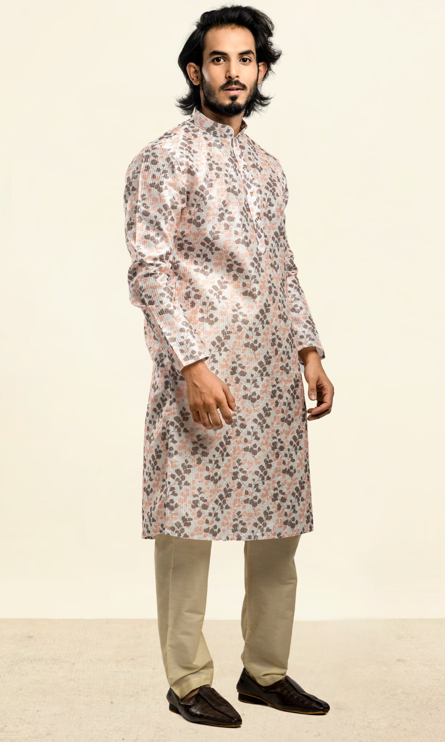 HALDI YELLOW WITH BRONZE FLORAL PRINT KURTA WITH THREAD WORK EMBRIODERY