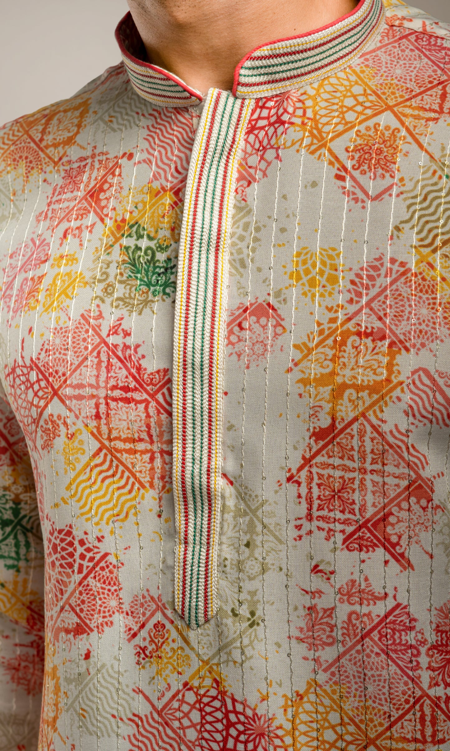 VENETIAN RED WITH MULTI COLOUR ABSTRACT PRINT KURTA WITH SEQIUNED THREADWORK