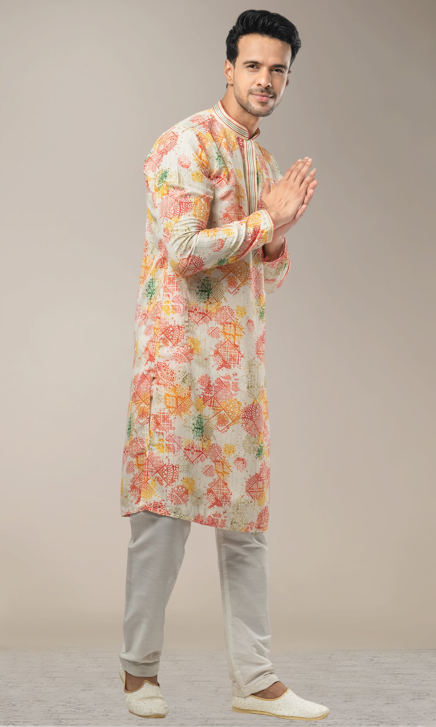 VENETIAN RED WITH MULTI COLOUR ABSTRACT PRINT KURTA WITH SEQIUNED THREADWORK