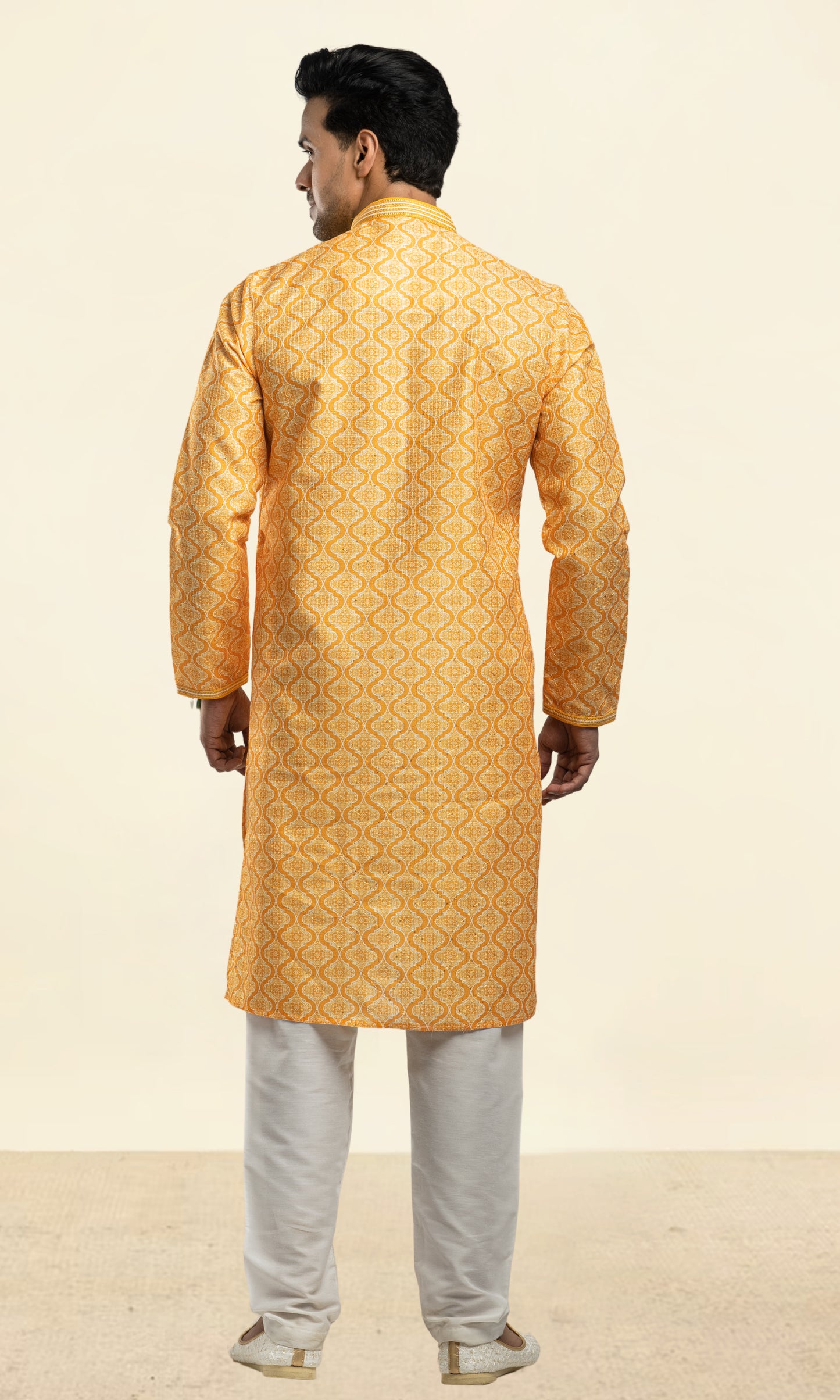 HALDI YELLOW HARLEQUIN PRINT KURTA WITH SEQIUNED THREADWORK