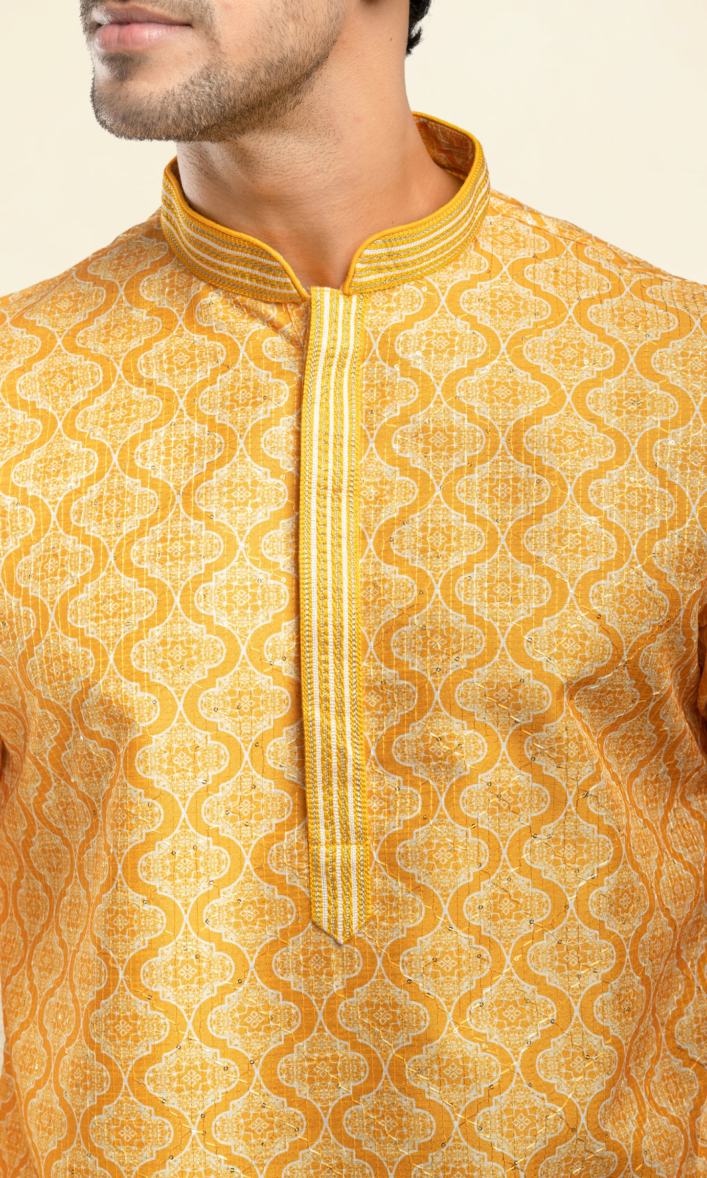 HALDI YELLOW HARLEQUIN PRINT KURTA WITH SEQIUNED THREADWORK