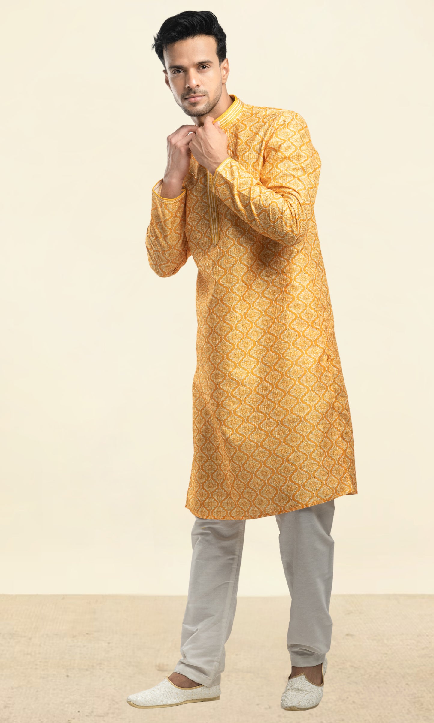 HALDI YELLOW HARLEQUIN PRINT KURTA WITH SEQIUNED THREADWORK