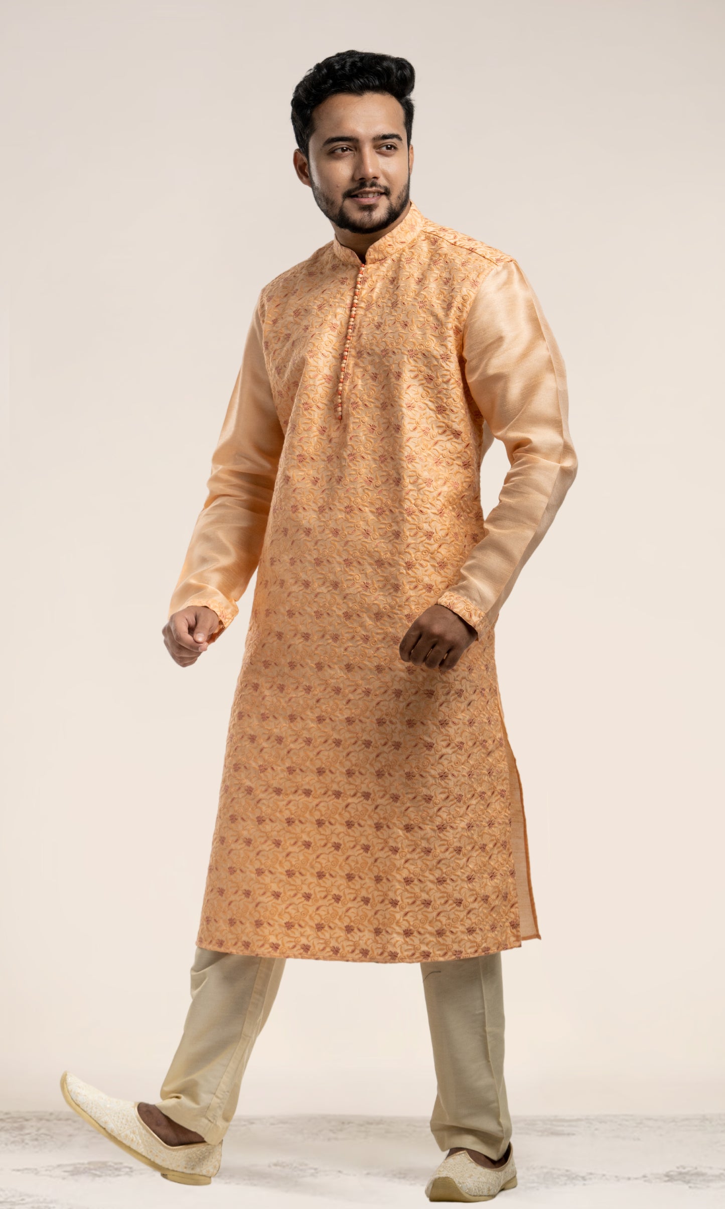 CREAMY PEACH EMBROIDERED SILK KURTA WITH POTLI BUTTONS